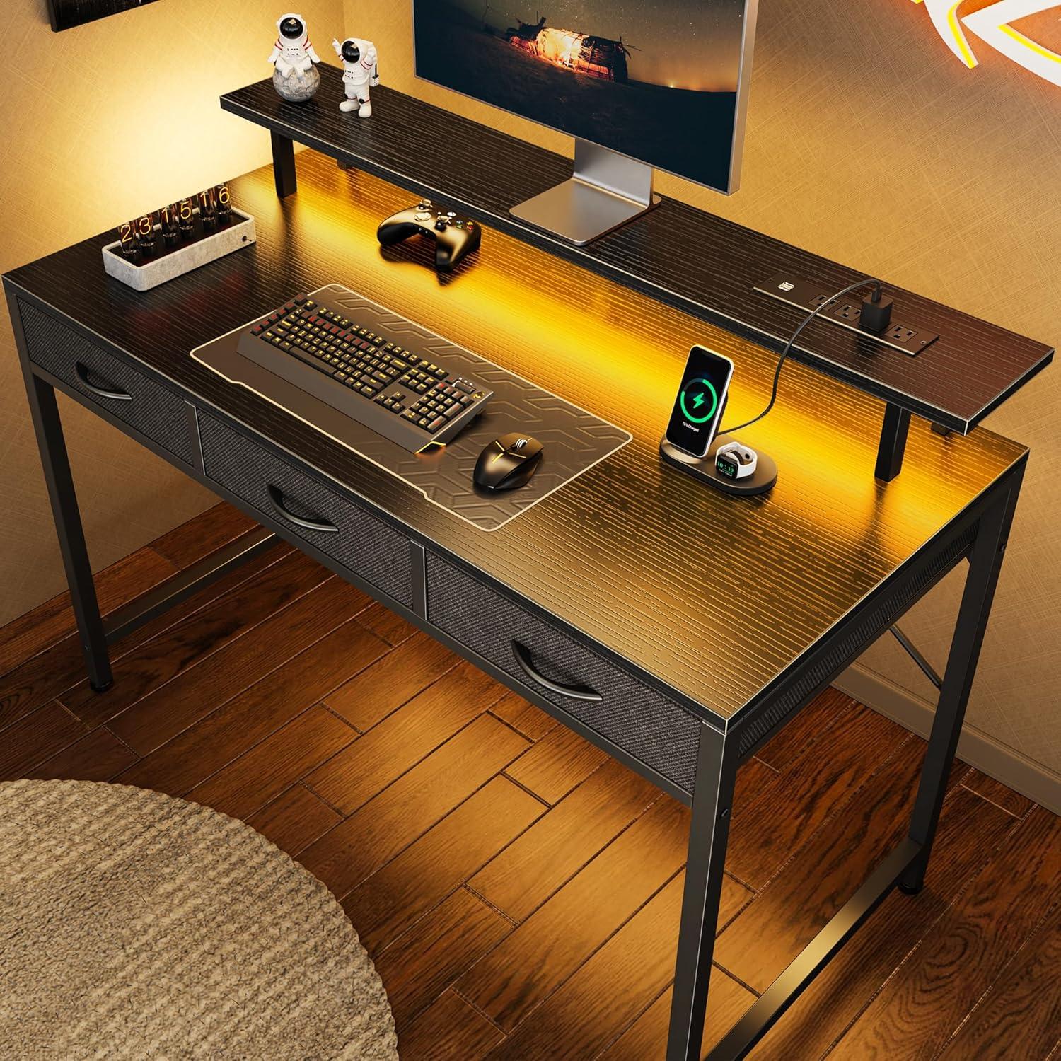 Computer Desk With 3 Drawers, Office Desk Gaming Desk With LED Lights & Power Outlets, Home Office Desks With Storage Space For Bedroom, Work From Home, (47 Inch )