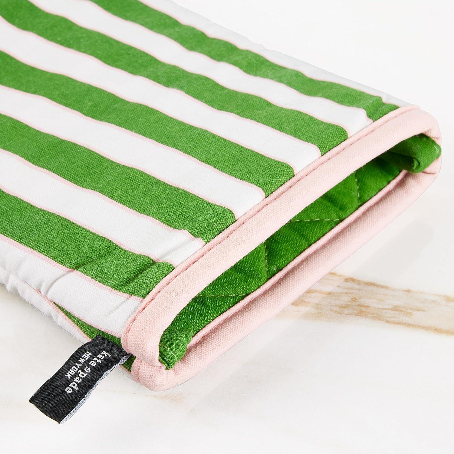 Green and Pink Striped Cotton Oven Mitt Set