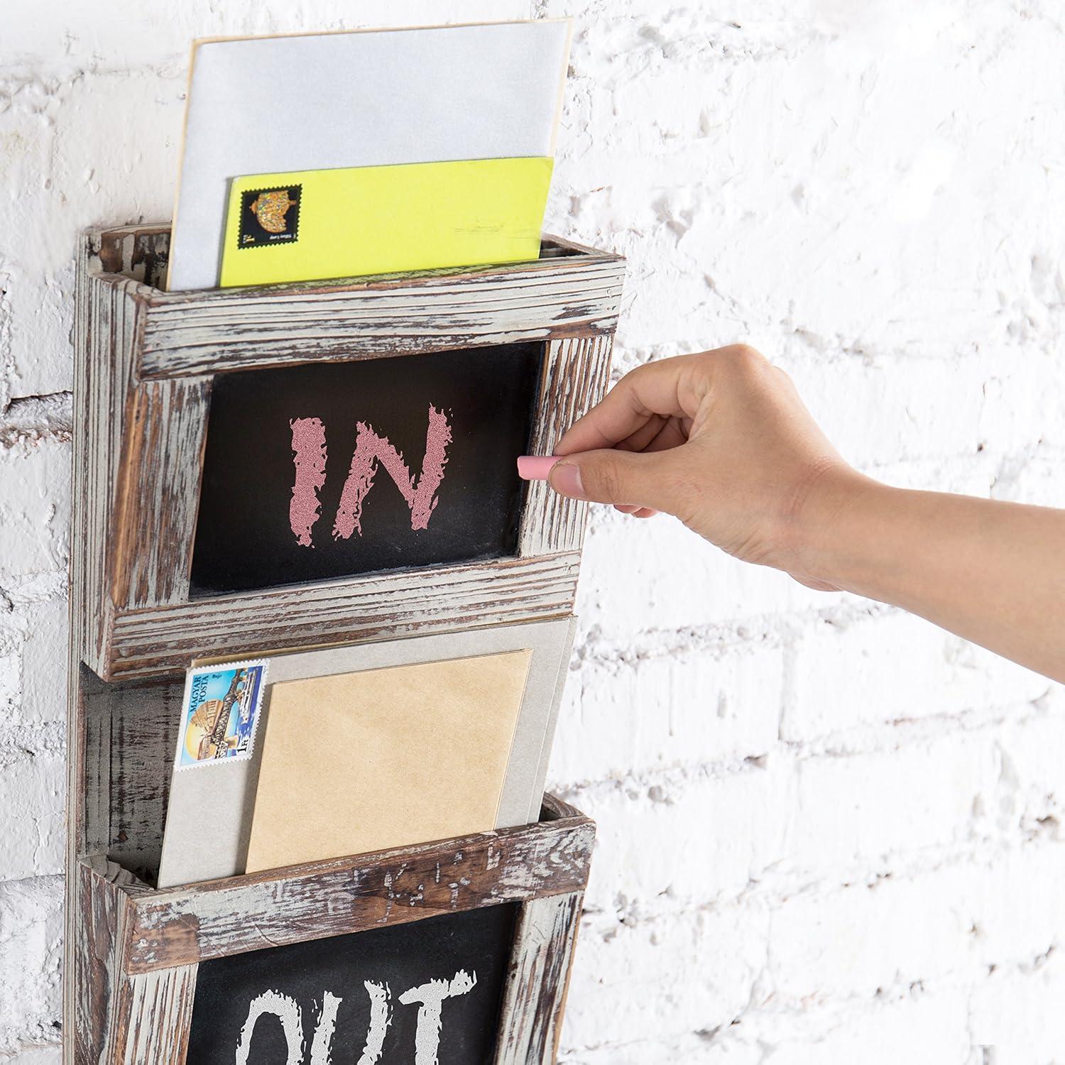 MyGift Rustic Wood Wall-Mounted 2-Slot Mail Sorter Organizer with Chalkboard Surface and 3 Key Hook Rack