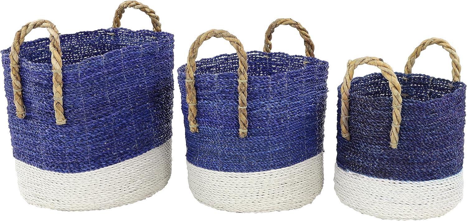 DecMode 17", 15", 13"W Blue Seagrass Handmade Two Toned Storage Basket with Handles, 3-Pieces