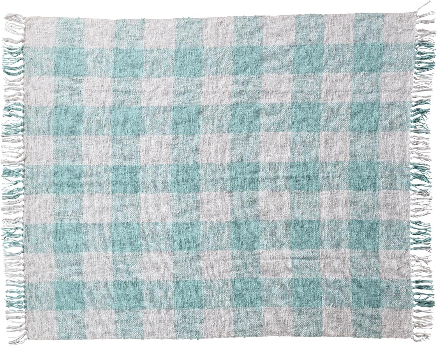 Mint and Cream Hand-Woven Cotton Plaid Throw with Fringe