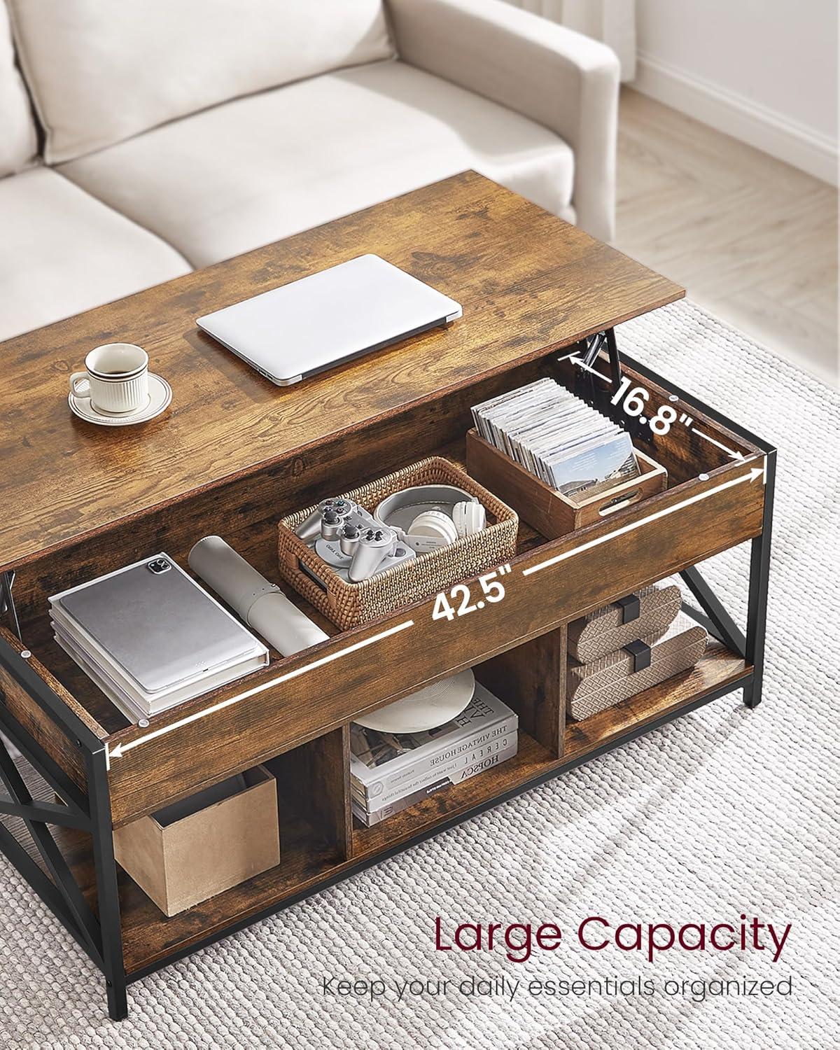 Rustic Brown and Black Lift-Top Coffee Table with Storage