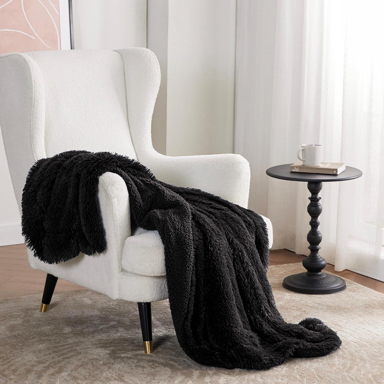 Soft Black Throw Blanket for Couch, Fluffy Fuzzy Blankets & Throws for Bed, Sofa, Cozy Plush Sherpa Fleece Faux Fur Blanket, Thick Warm Christmas Blanket Gifts for Women, Men, 50x60