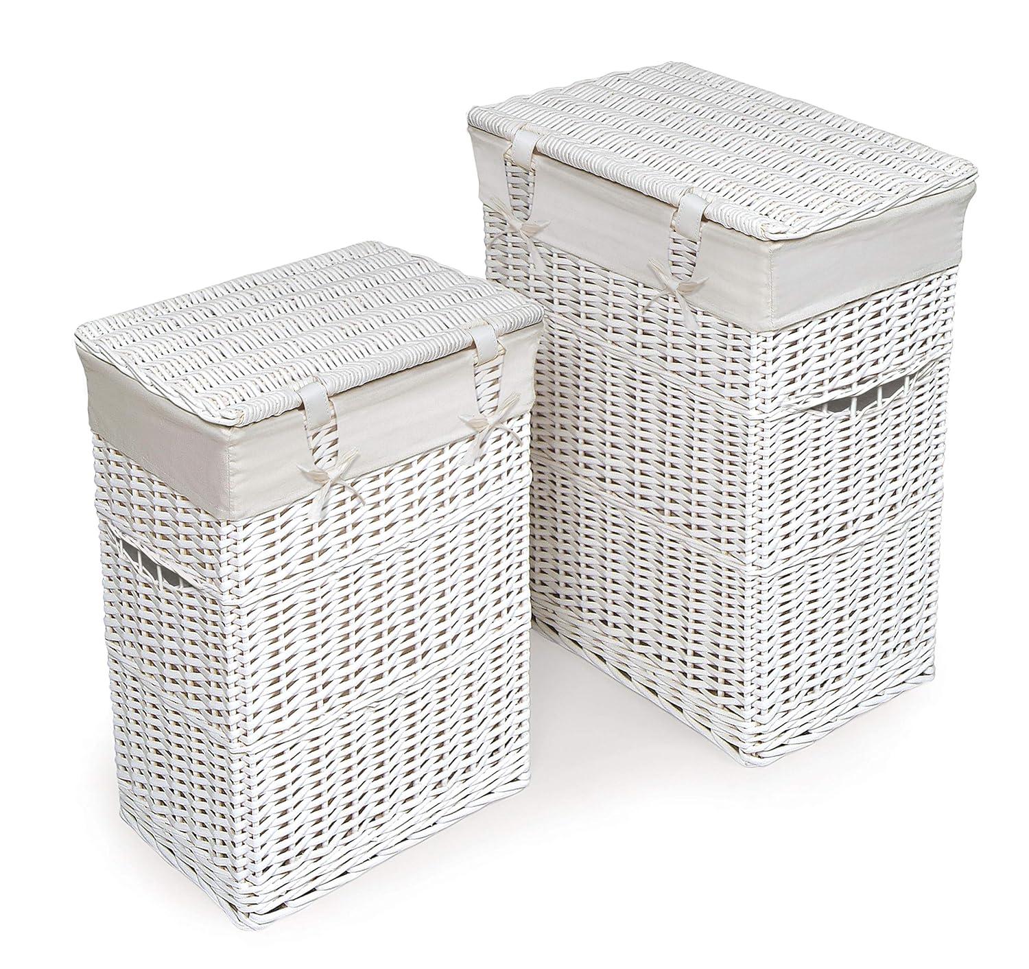Badger Basket Wicker Two Hamper Set with Liners - White