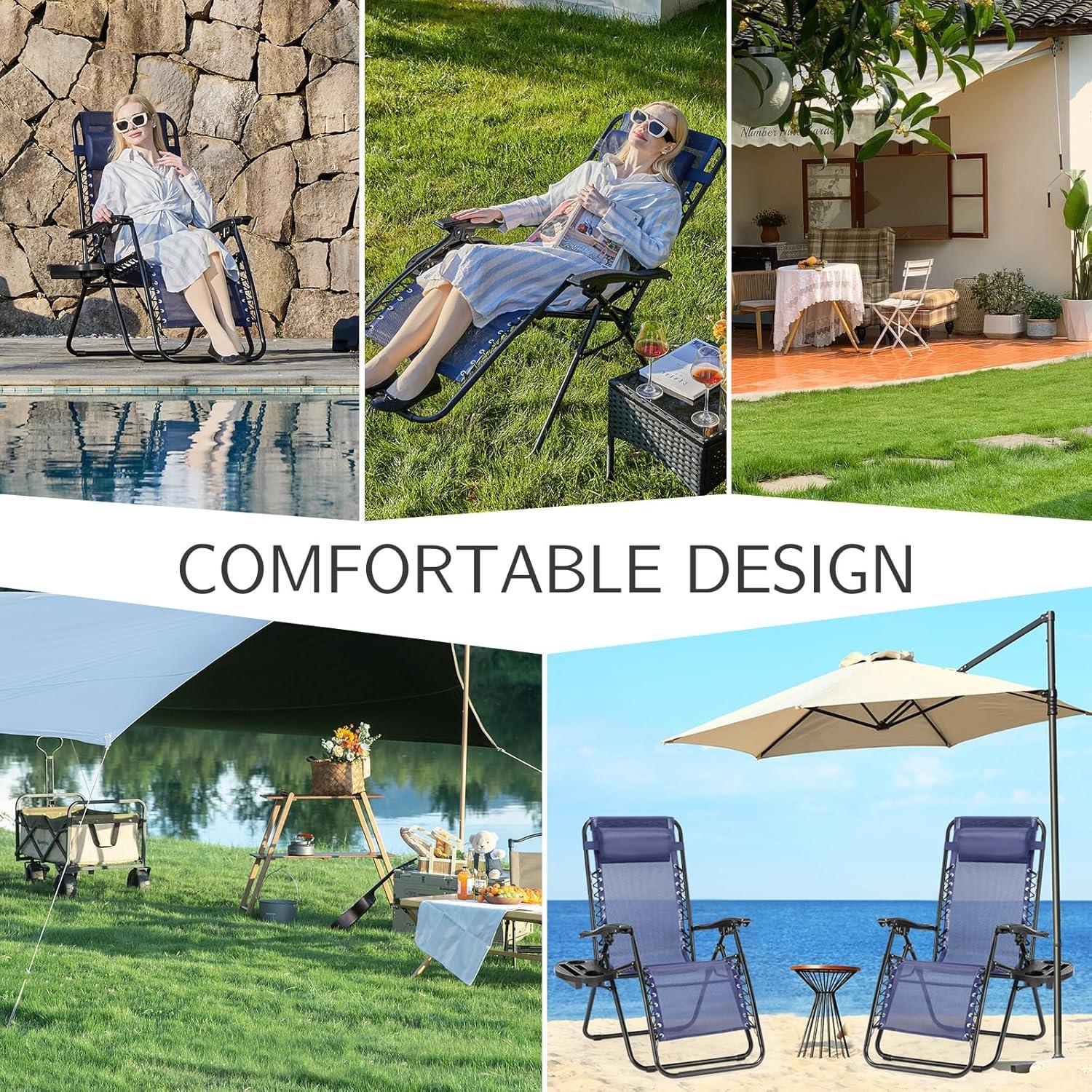 Zero Gravity Chairs, Set of 2 Portable Recliner Beach Camping Patio Outdoor Folding Lounge Chair with Cup Holder Trays and Adjustable Pillow for Poolside, Garden, Backyard, Lawn (Black)