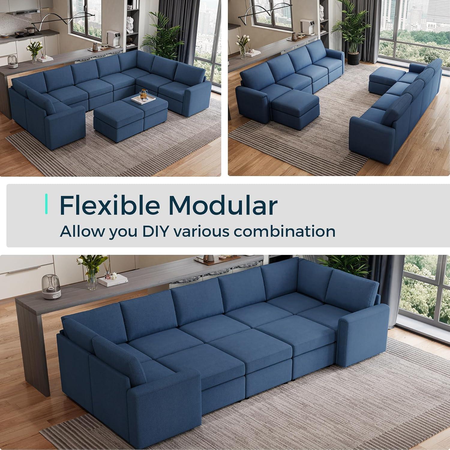 Linsy Home Oversized Modular Couch, Sectional Sofa with Storage Ottomans, Couch with Reversible Chaises, Blue