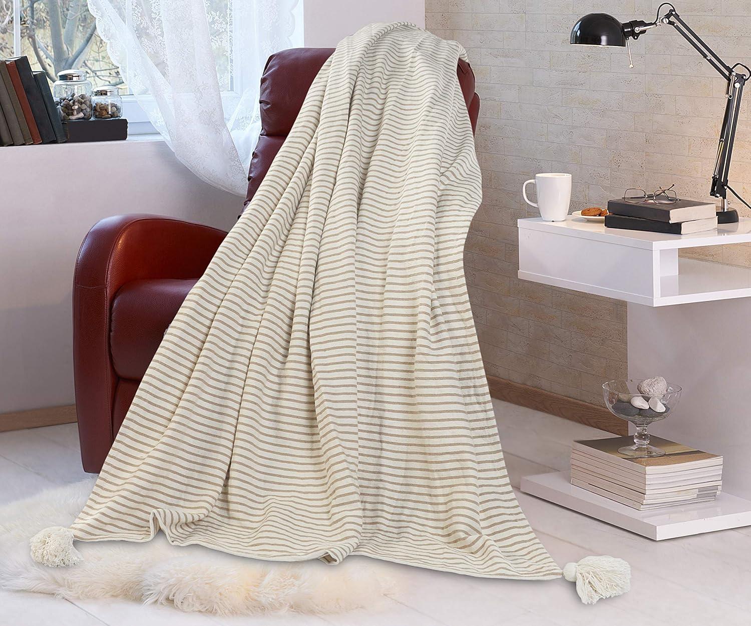 Woven Paths Striped Throw Blanket with Tassels, Ivory / Beige, 50" x 60"