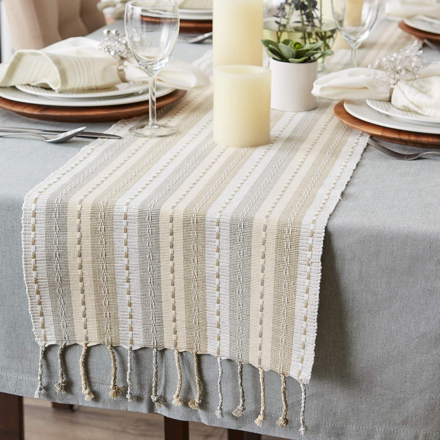 DII 14x72" Modern Cotton Tonal Stripe with Fringe Table Runner in Natural