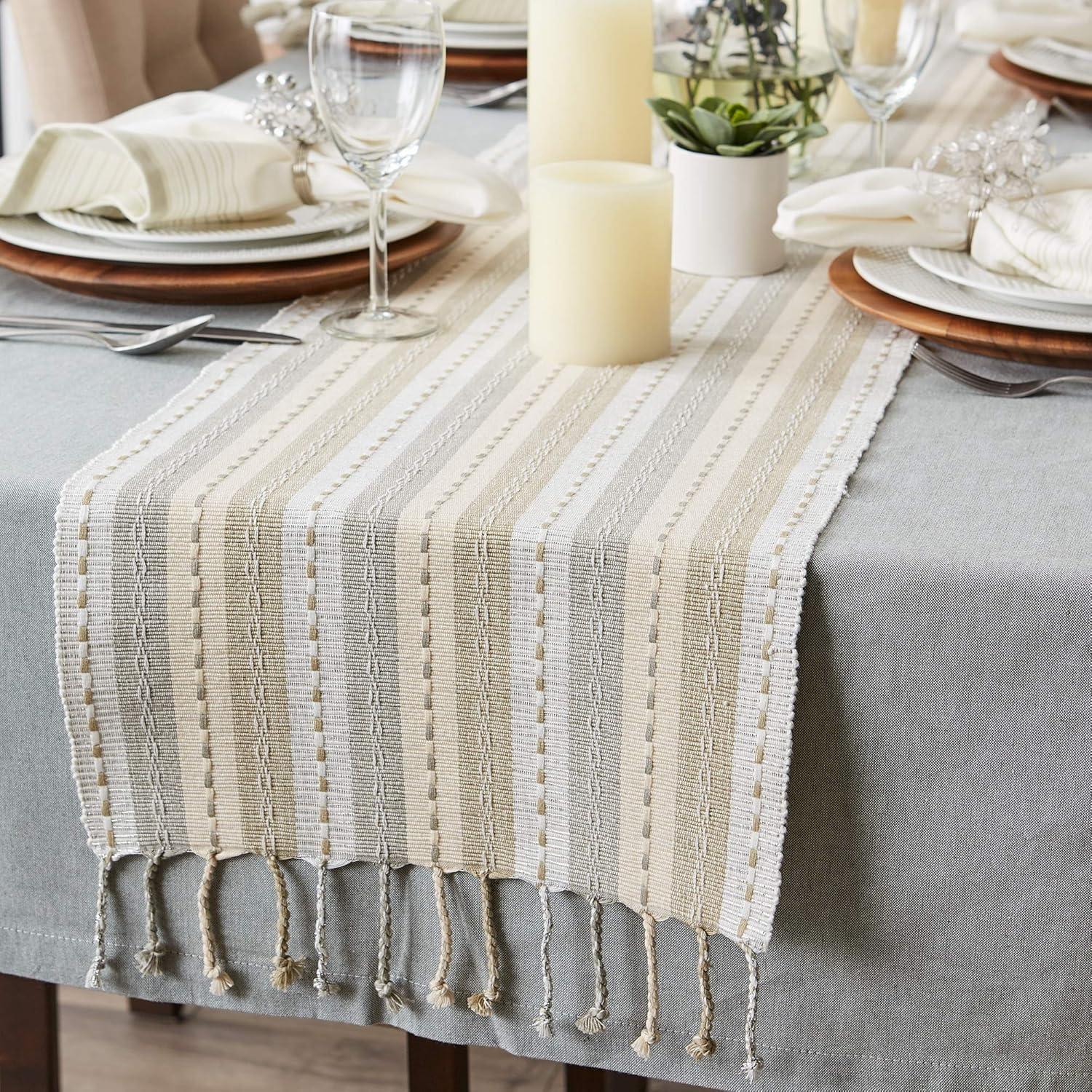 Design Imports  Natural Tonal Stripe With Fringe Table Runner 14X72