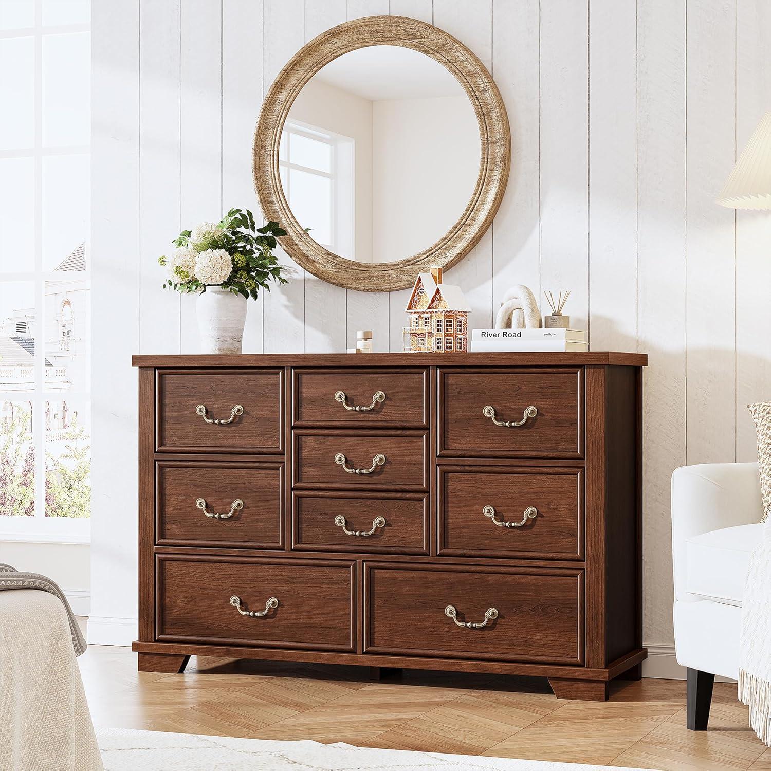 Antique Brown 9-Drawer Rustic Wood Dresser with Metal Handles