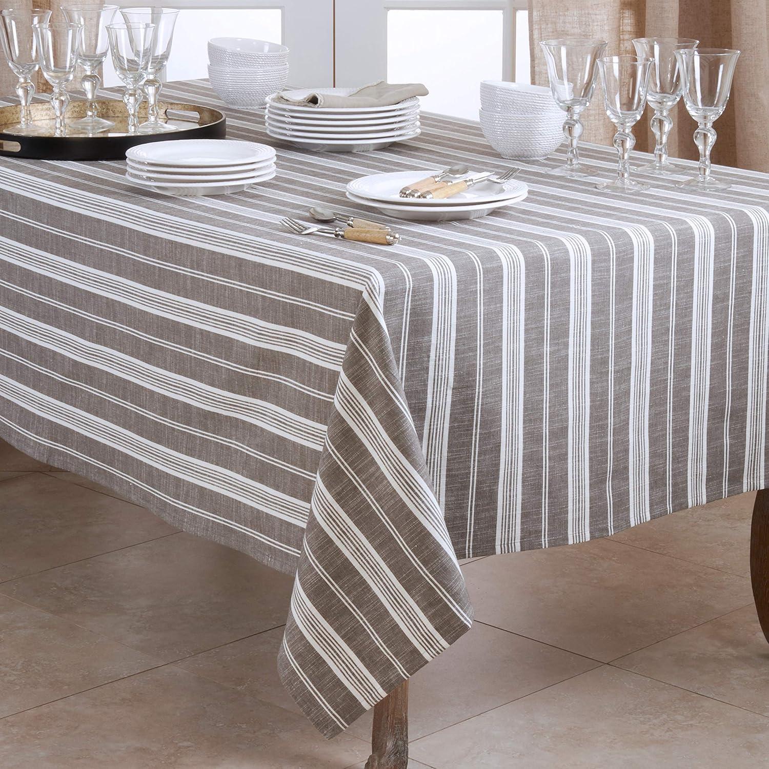 Taupe and Greige Striped Cotton Rectangular Tablecloth