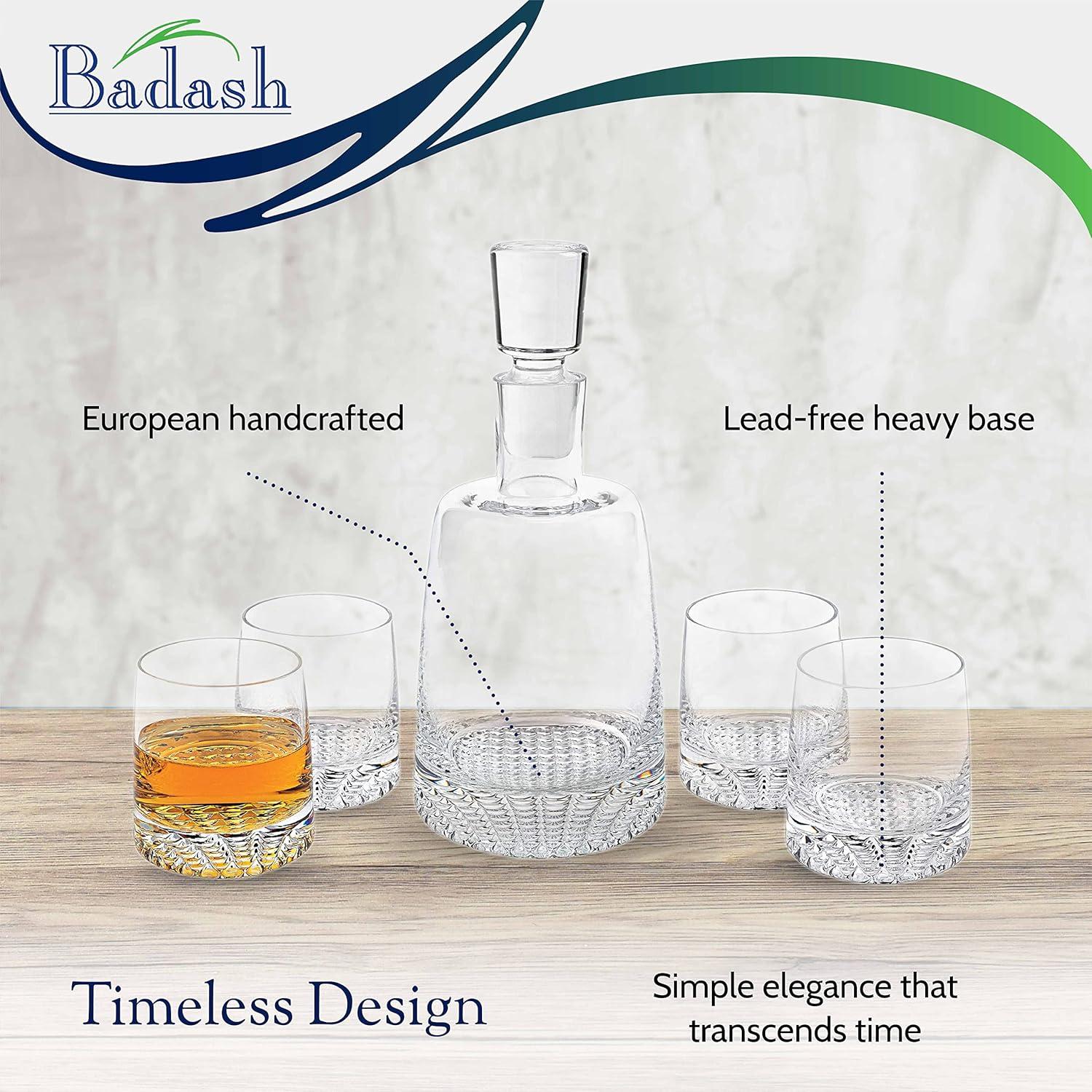 Badash Crystal Park Avenue European Mouth Blown 5 Piece Decanter & Rock Glasses Set (K830)