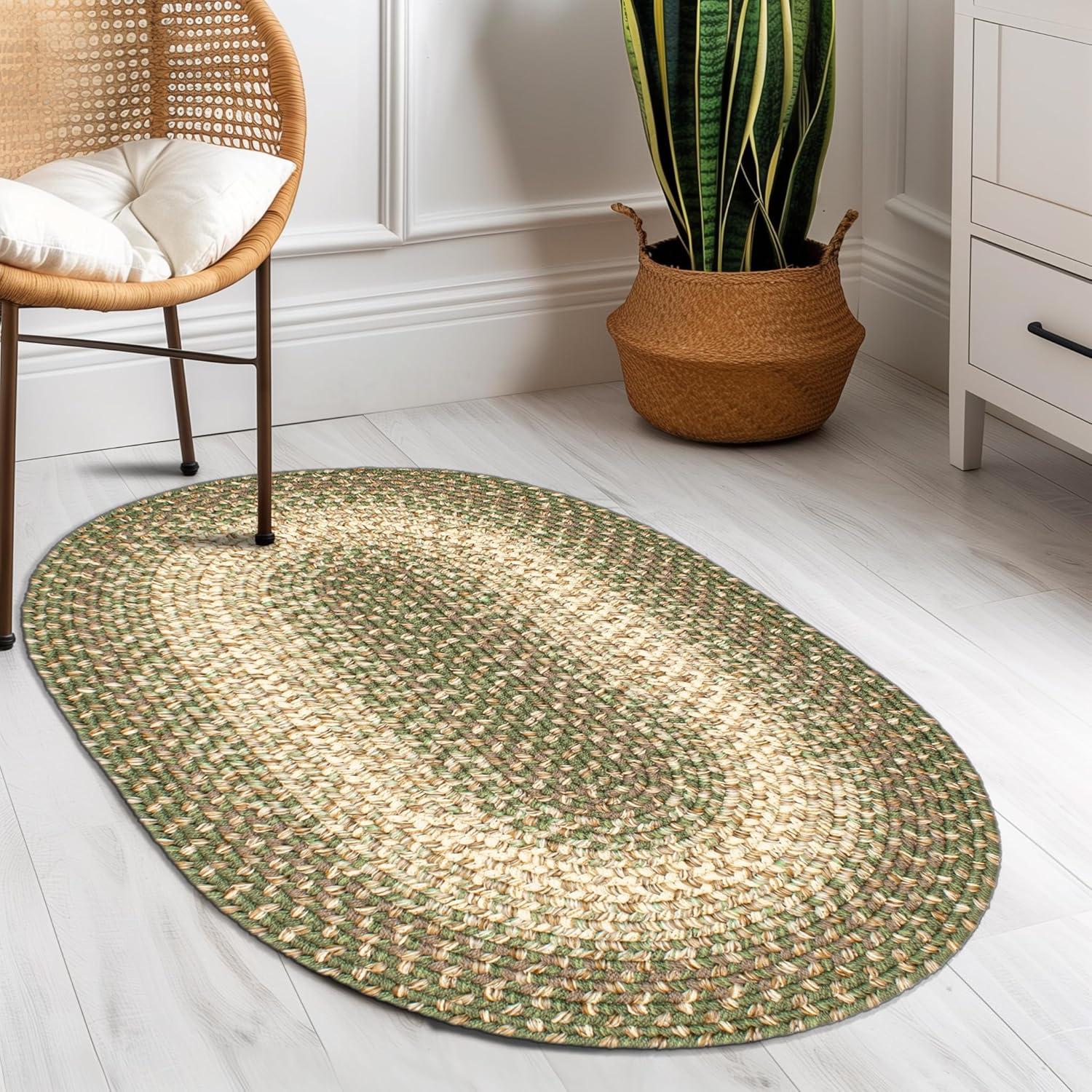 Ridgewood Farmhouse Braided Forest Green / Beige Area Rug 2' x 3' Oval