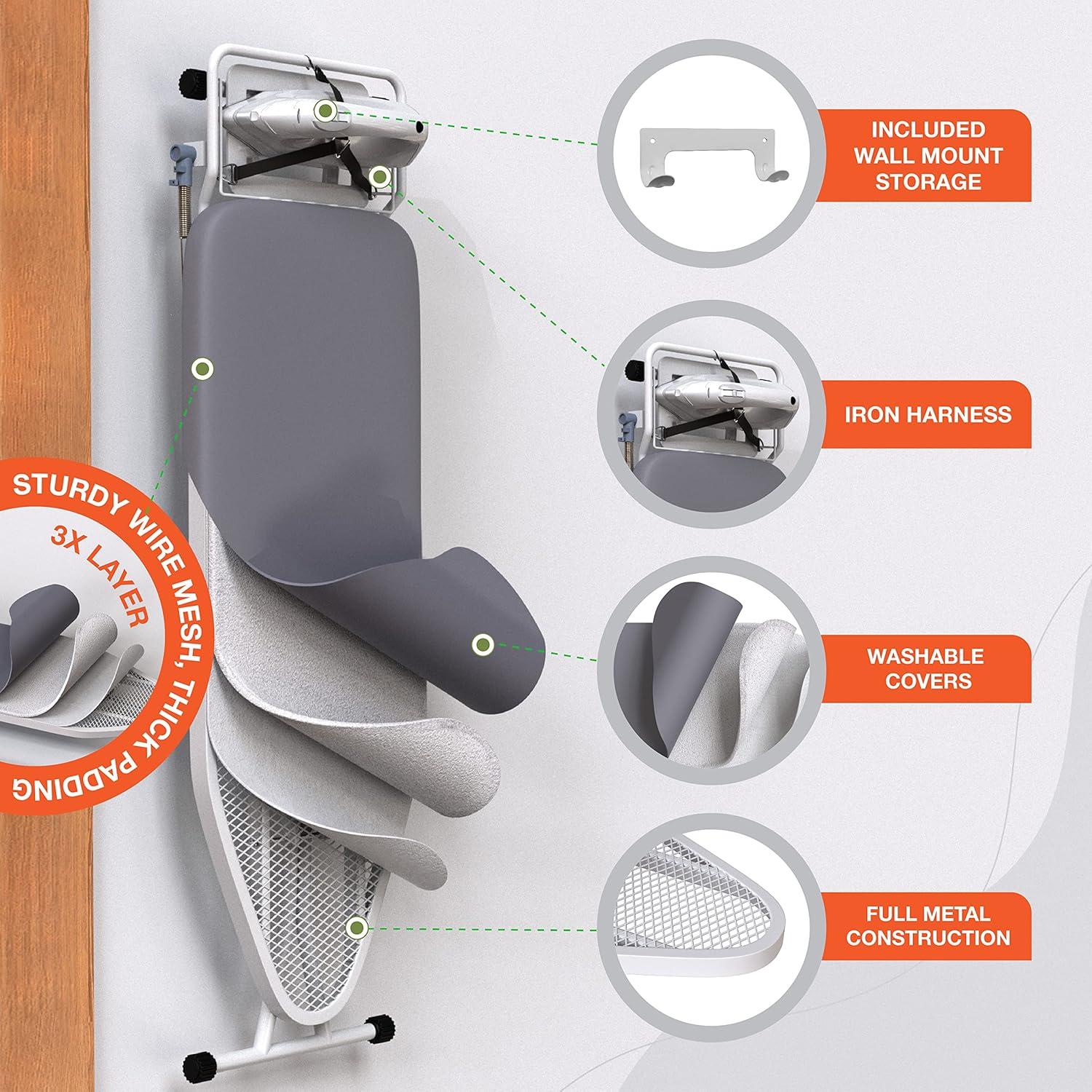 Xabitat Deluxe Ironing Board with Wall Mount Storage, Safety Iron Rest -Grey