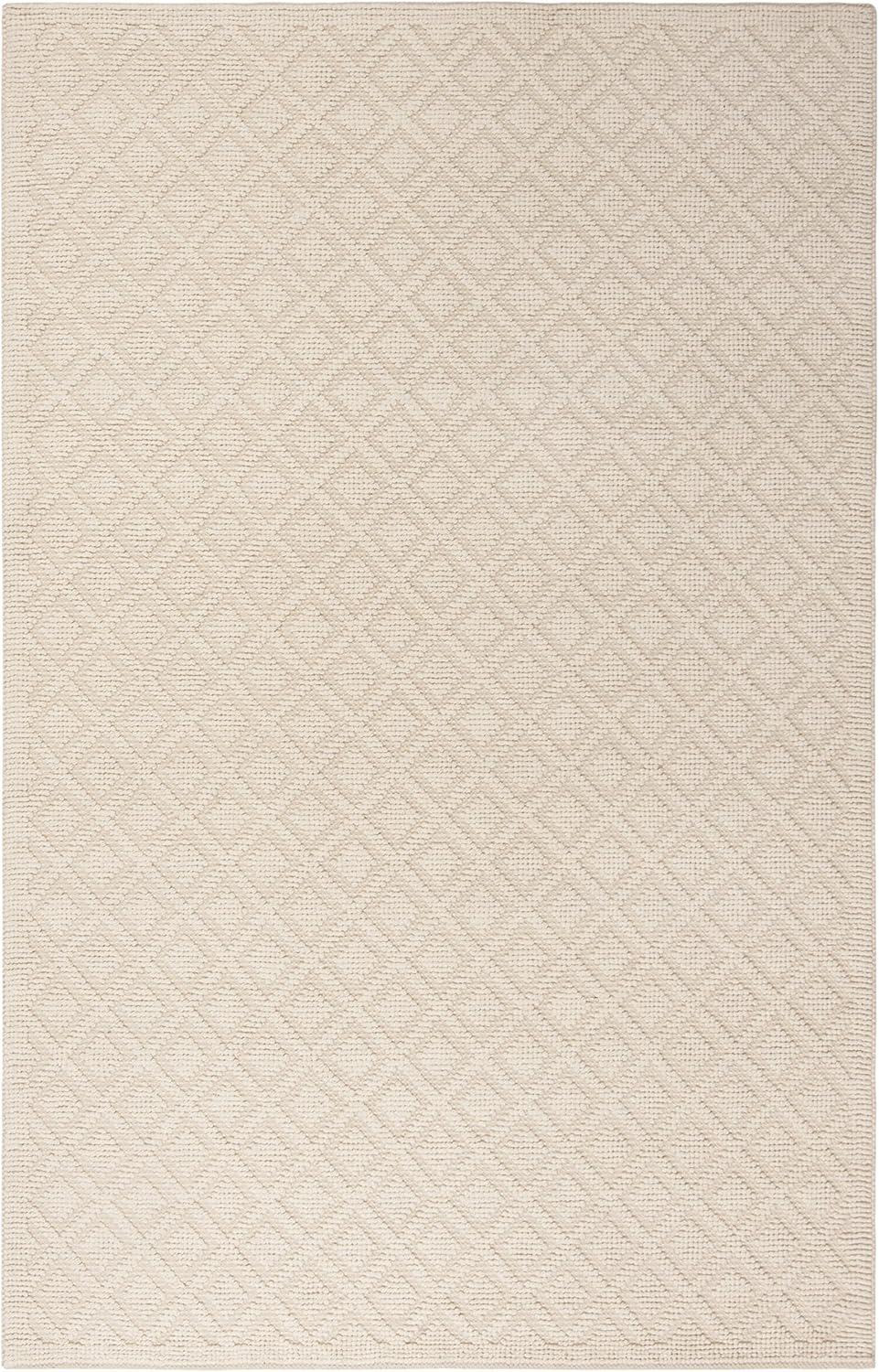 Ivory Handwoven Wool Area Rug with Geometric Pattern, 5' x 8'