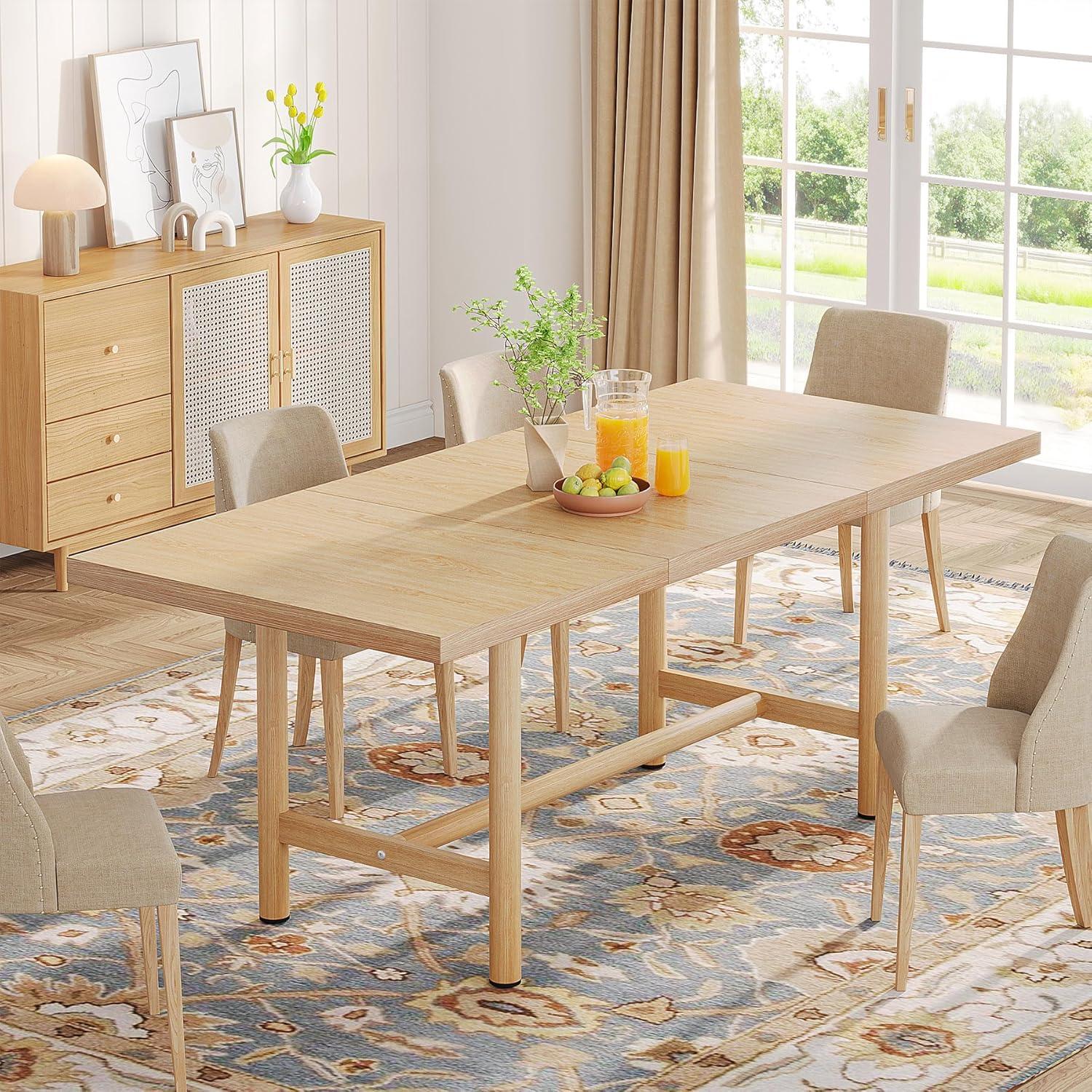 Natural Wood Rectangular Farmhouse Dining Table with Metal Legs