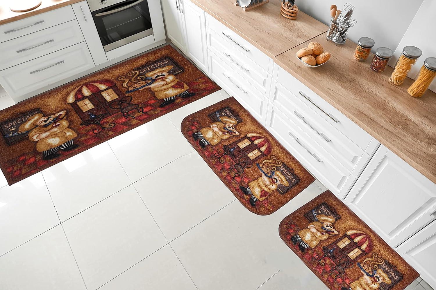 Kashi Home Kitchen Rug, Printed Area Rug, Durable Floor, Door Mat, Farmhouse Non-Slip Carpet Latex Backing Beautiful Design Chef 3pc Set (2 18x30 D Shape & 1 20x40)