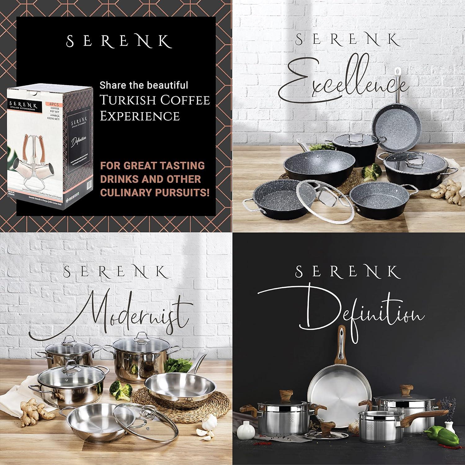 Serenk Turkish Coffee Pot Set, 4-Piece Stainless Steel w/Stand, 2-4 Cup Sizes, 18/10 Steel, Gas Stove Compatible