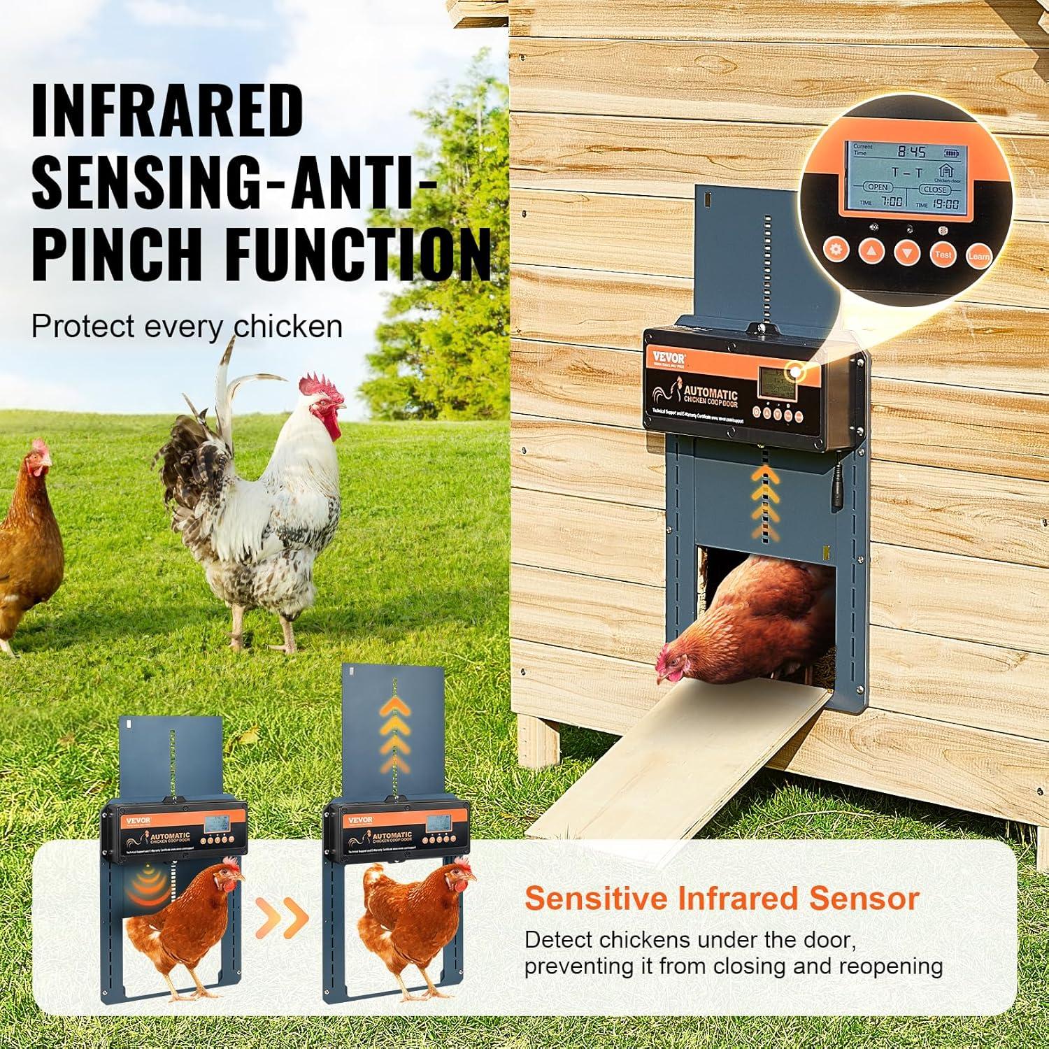 VEVOR Automatic Chicken Coop Door, Auto Chicken Door Opener with Timer & Light Sensor Aluminum Chicken Coops Door with Remote Control and LCD Screen, 4 Modes Opening, Battery or DC Powered