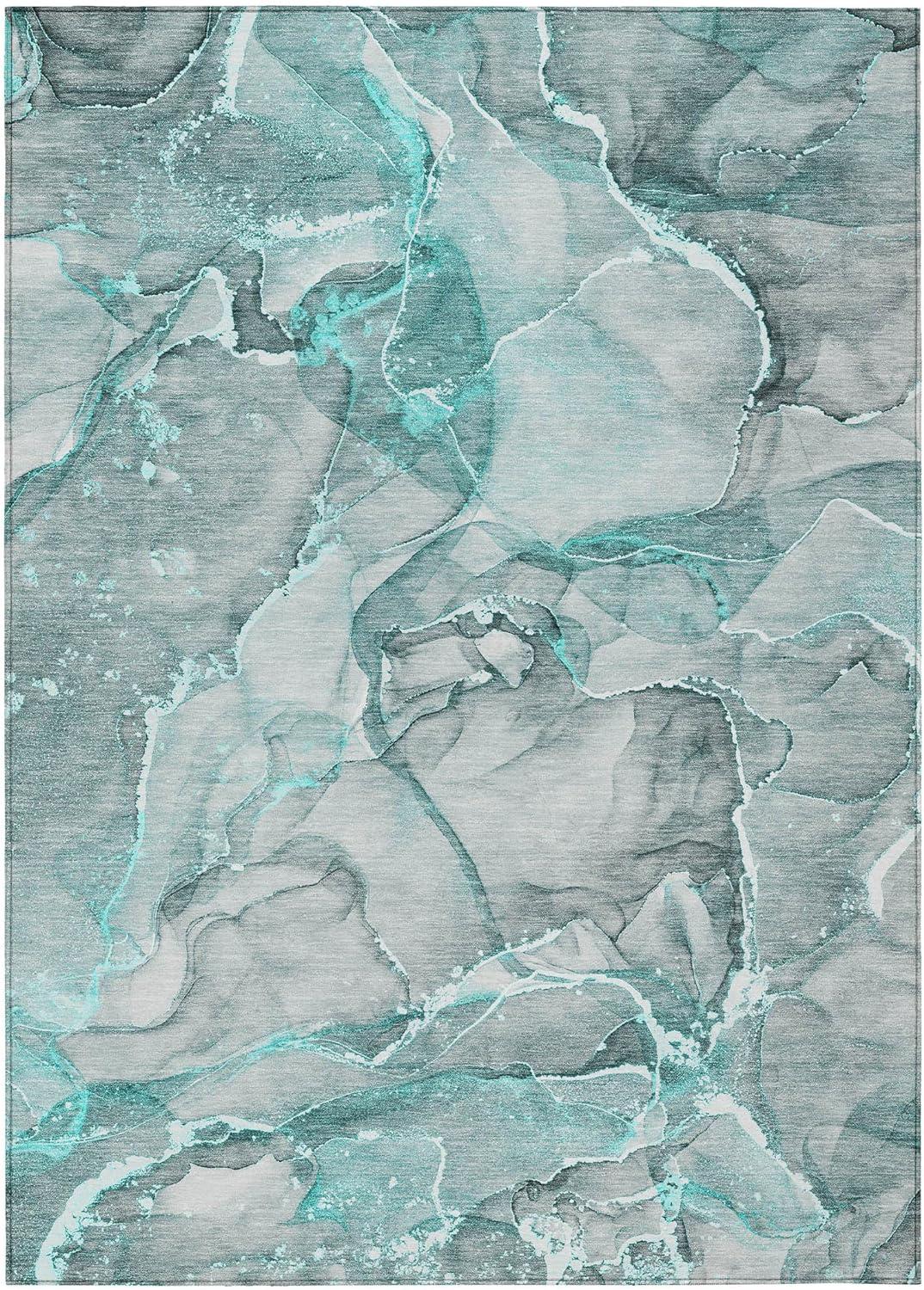 Teal and Gray Flat Woven Synthetic Washable Area Rug 3' x 5'