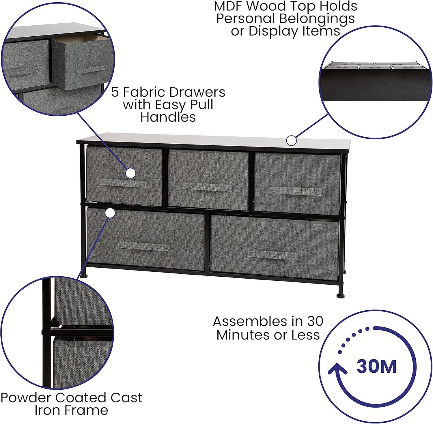 Flash Furniture 5 Drawer Wood Top Black Cast Iron Frame Vertical Storage Dresser with Dark Gray Easy Pull Fabric Drawers
