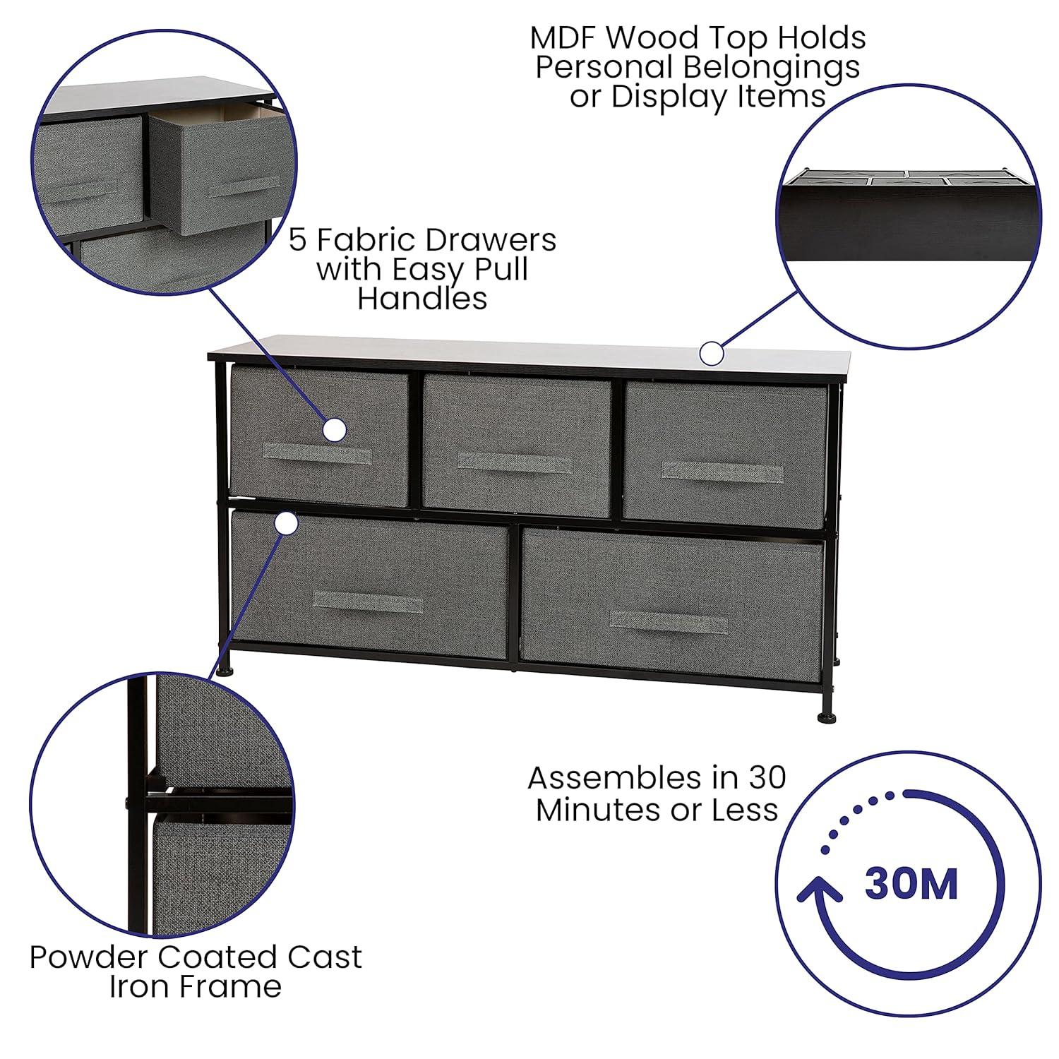 Flash Furniture 5 Drawer Wood Top Black Cast Iron Frame Vertical Storage Dresser with Dark Gray Easy Pull Fabric Drawers