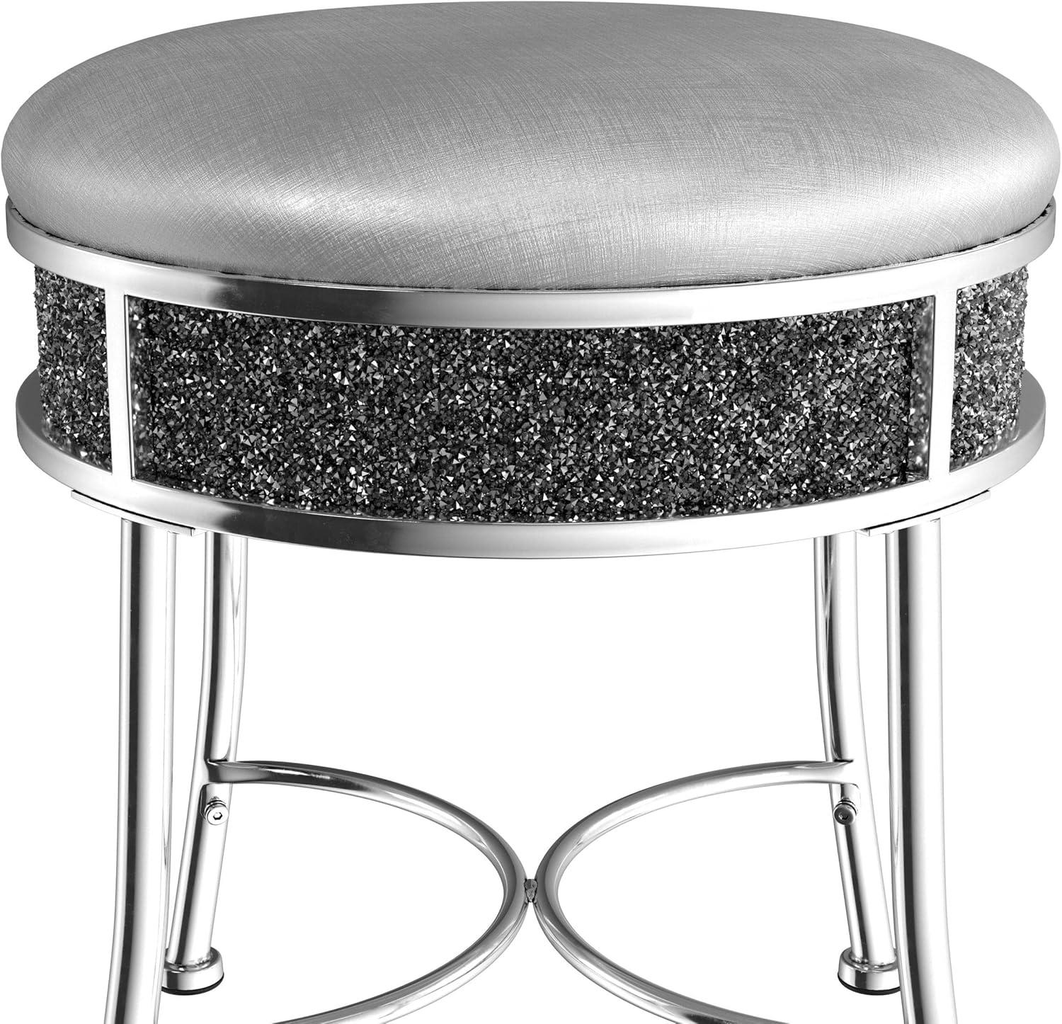 Hillsdale Roma Diamond Glam Fabric Upholstered Backless Vanity Stool in Chrome