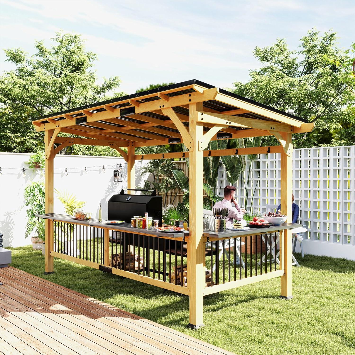 Outsunny 13' x 6' Wooden Grill Gazebo, Hardtop Outdoor BBQ Gazebo with with Metal Roof, 2 Bar Shelves and 6 Hooks for Patio, Deck, Yard, Natural