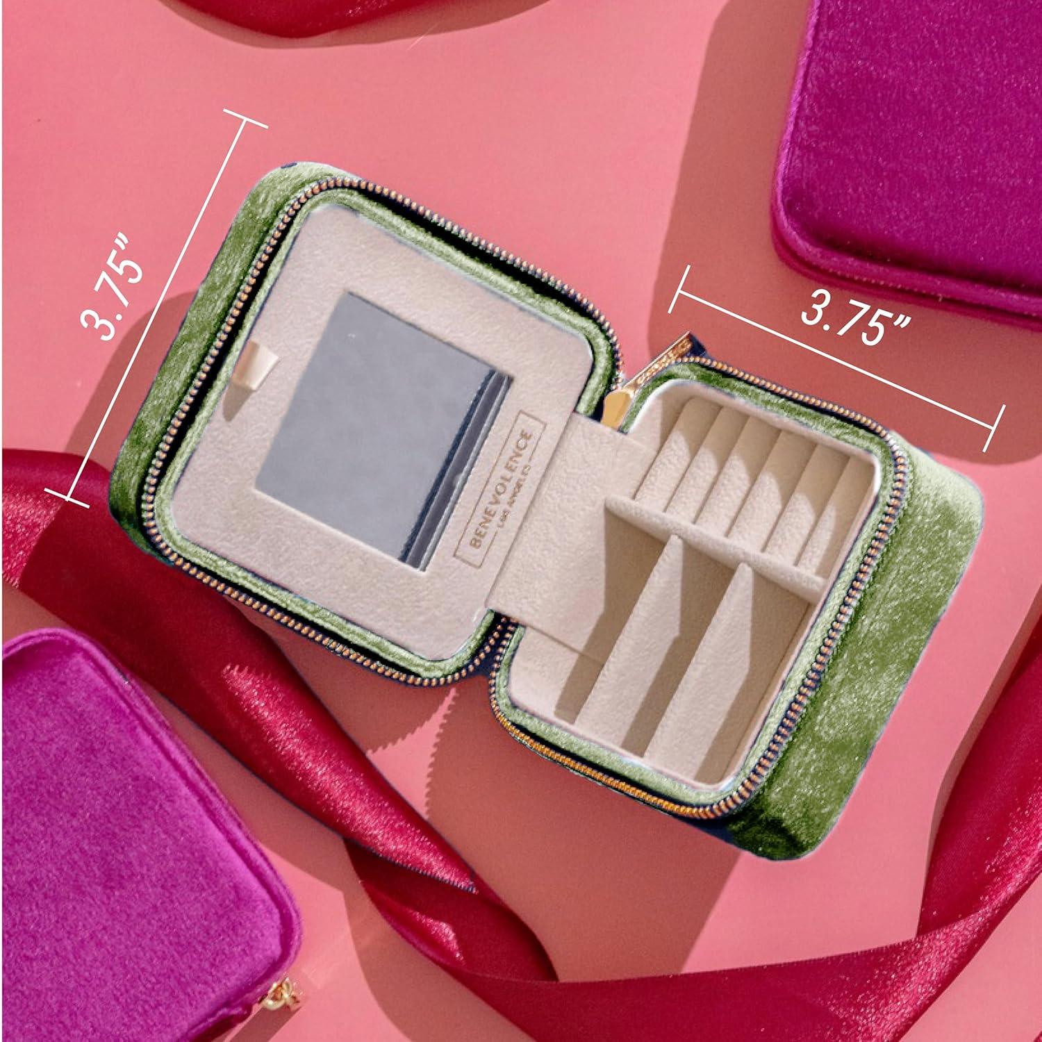 Benevolence LA Plush Velvet Square Travel Jewelry Box with Mirror- Mistletoe Green
