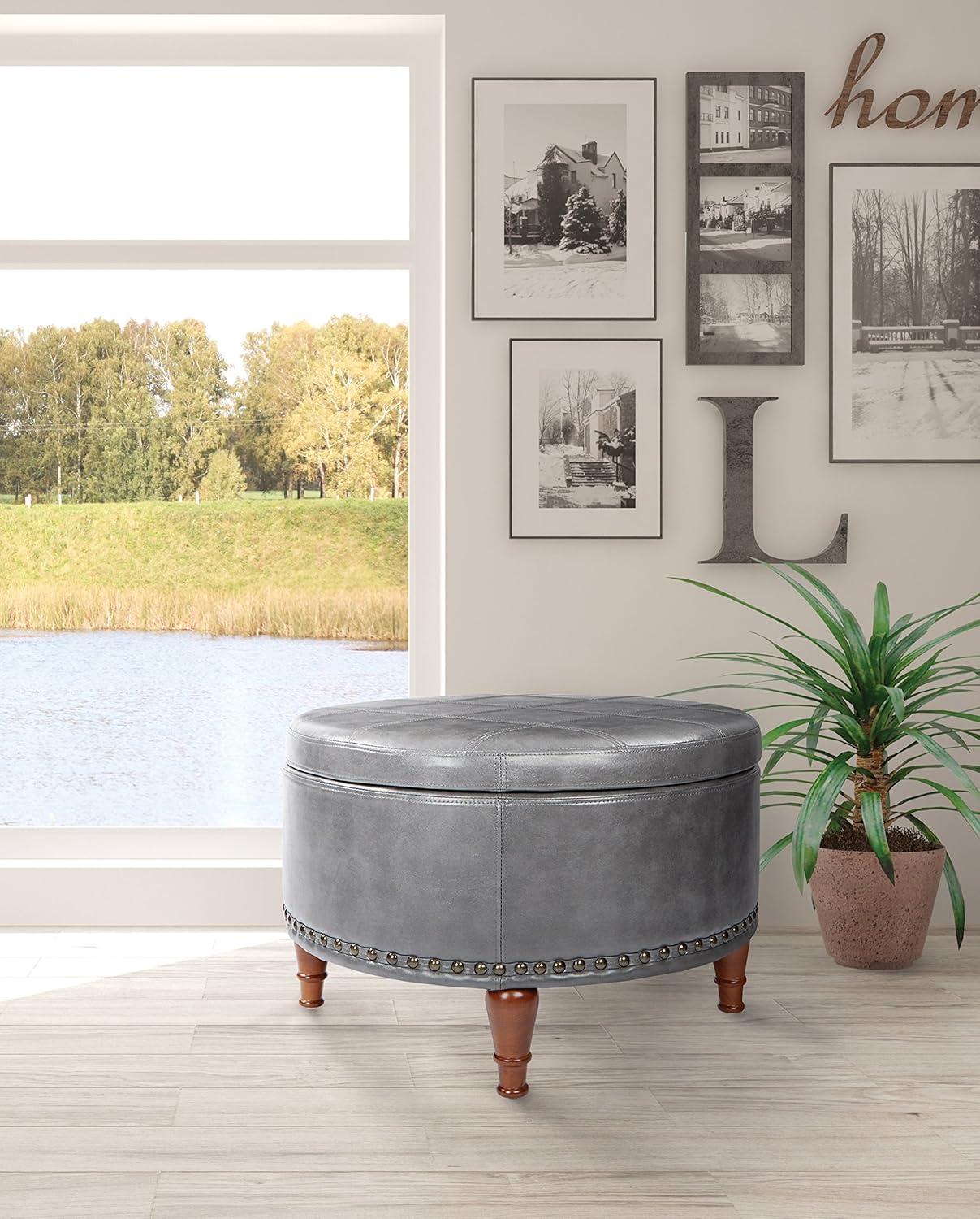 Alloway Storage Ottoman Pewter - OSP Home Furnishings: Faux Leather, Nailhead Trim, Wood Legs, Flip Tray Top