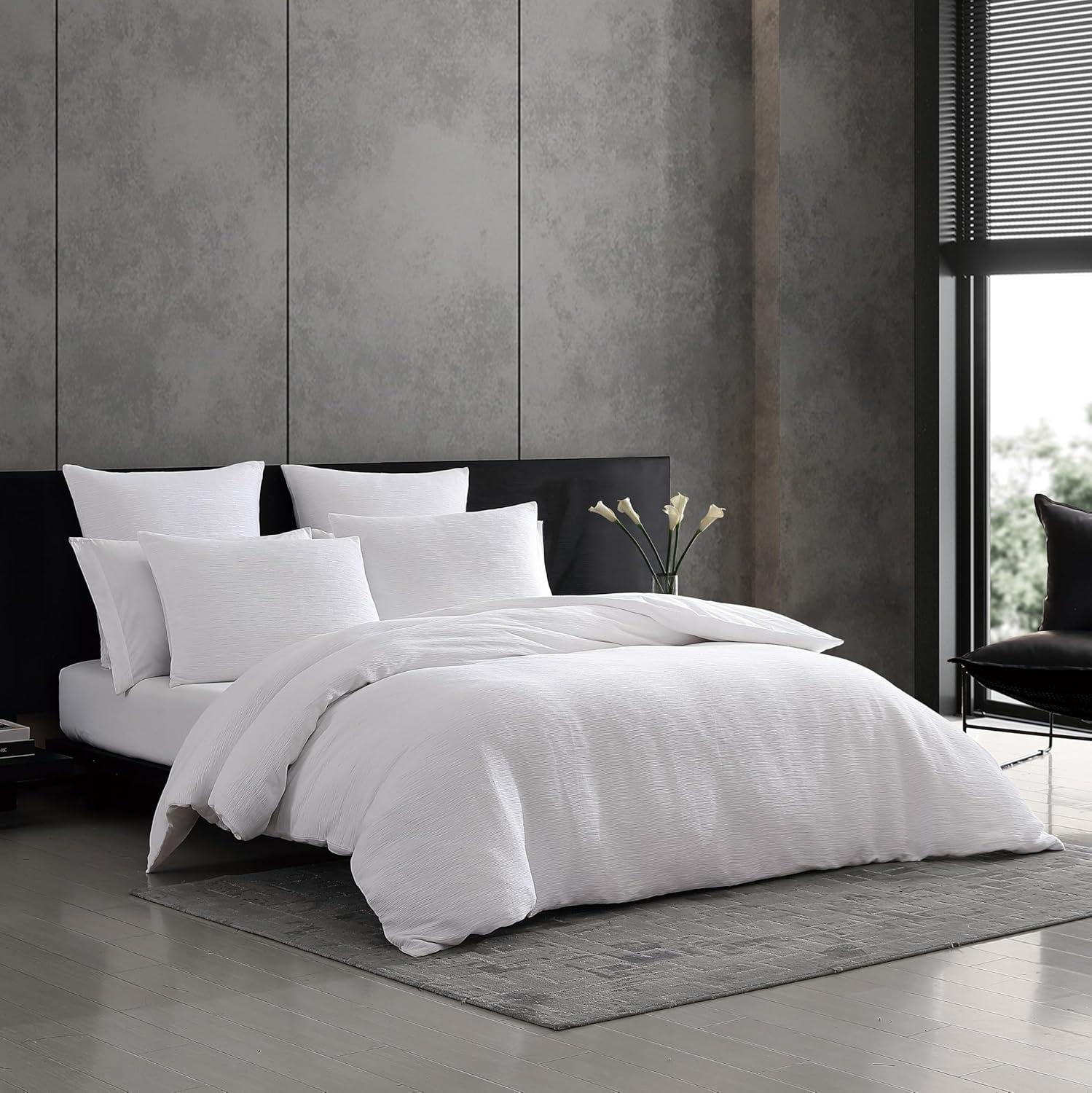 Vera Wang - King Duvet Cover Set, Soft Bedding Set with Matching Shams, Button Closure, Chic Room Essentials (Textured Pleats White, King)