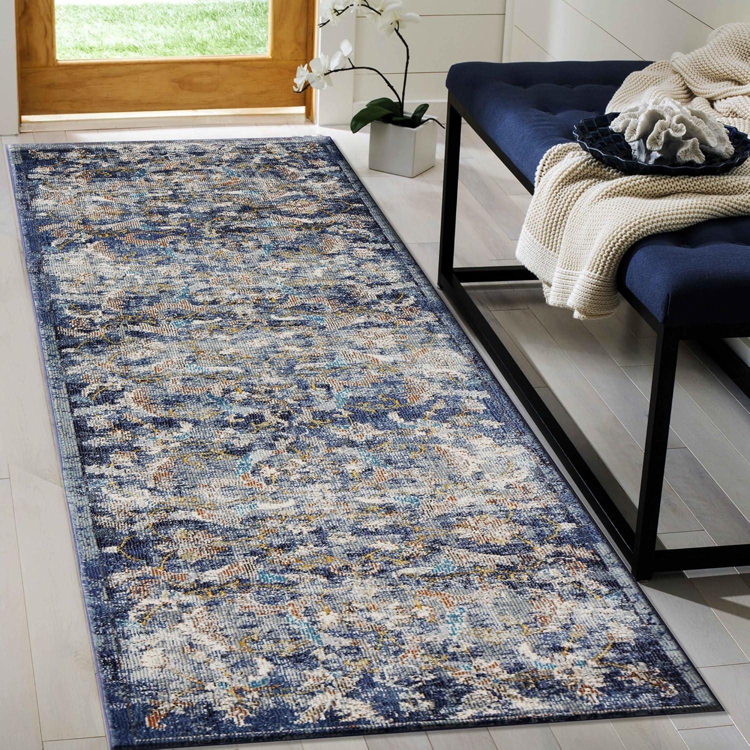 Navy Blue Floral Synthetic Runner Area Rug