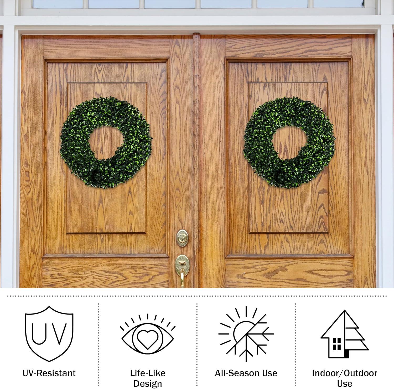 Pure Garden Set of Two 16.5-Inch Indoor/Outdoor Artificial Boxwood Wreaths