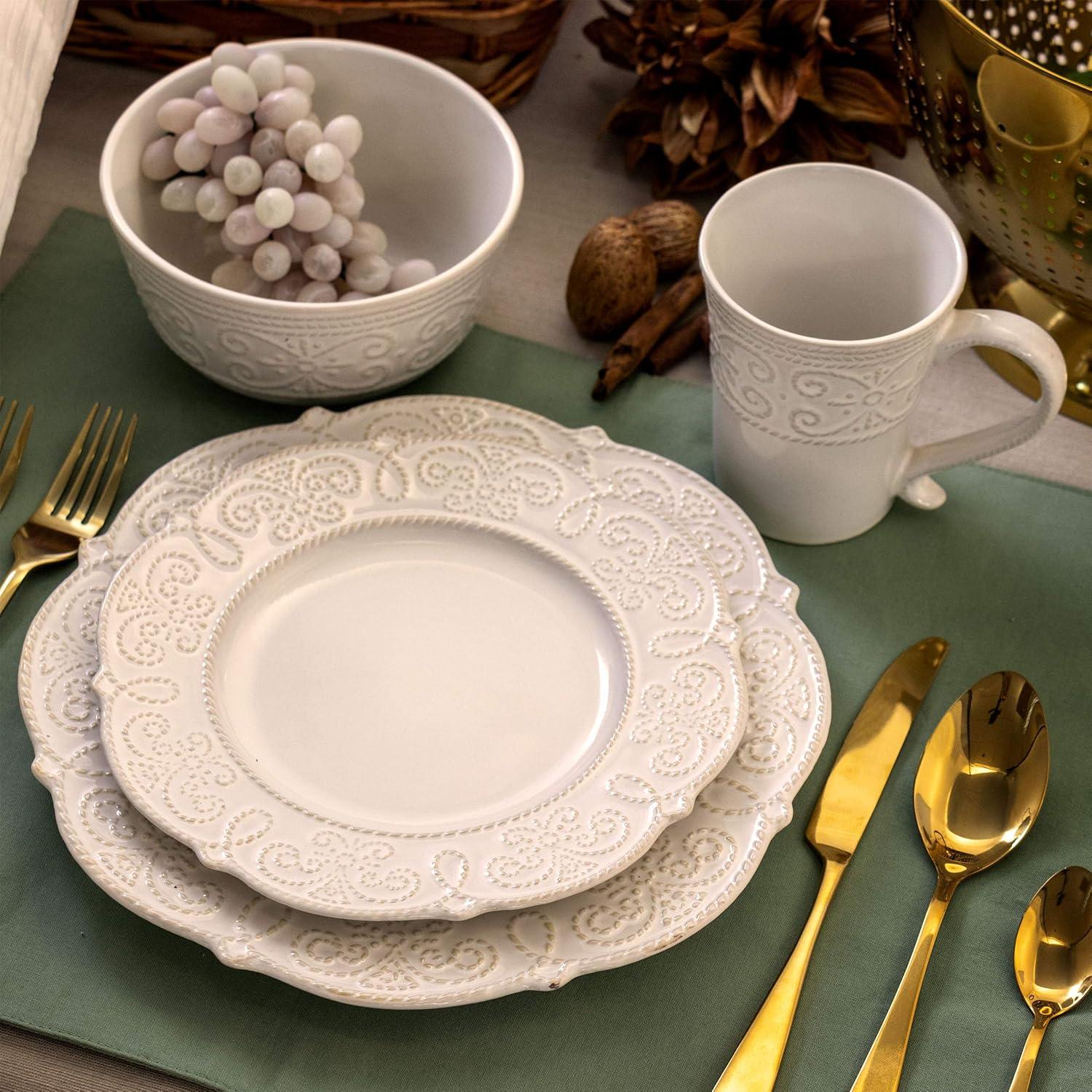 16 Piece Embossed Scalloped Stoneware Dinnerware Set in White Textured Casual Round Dishwasher Safe