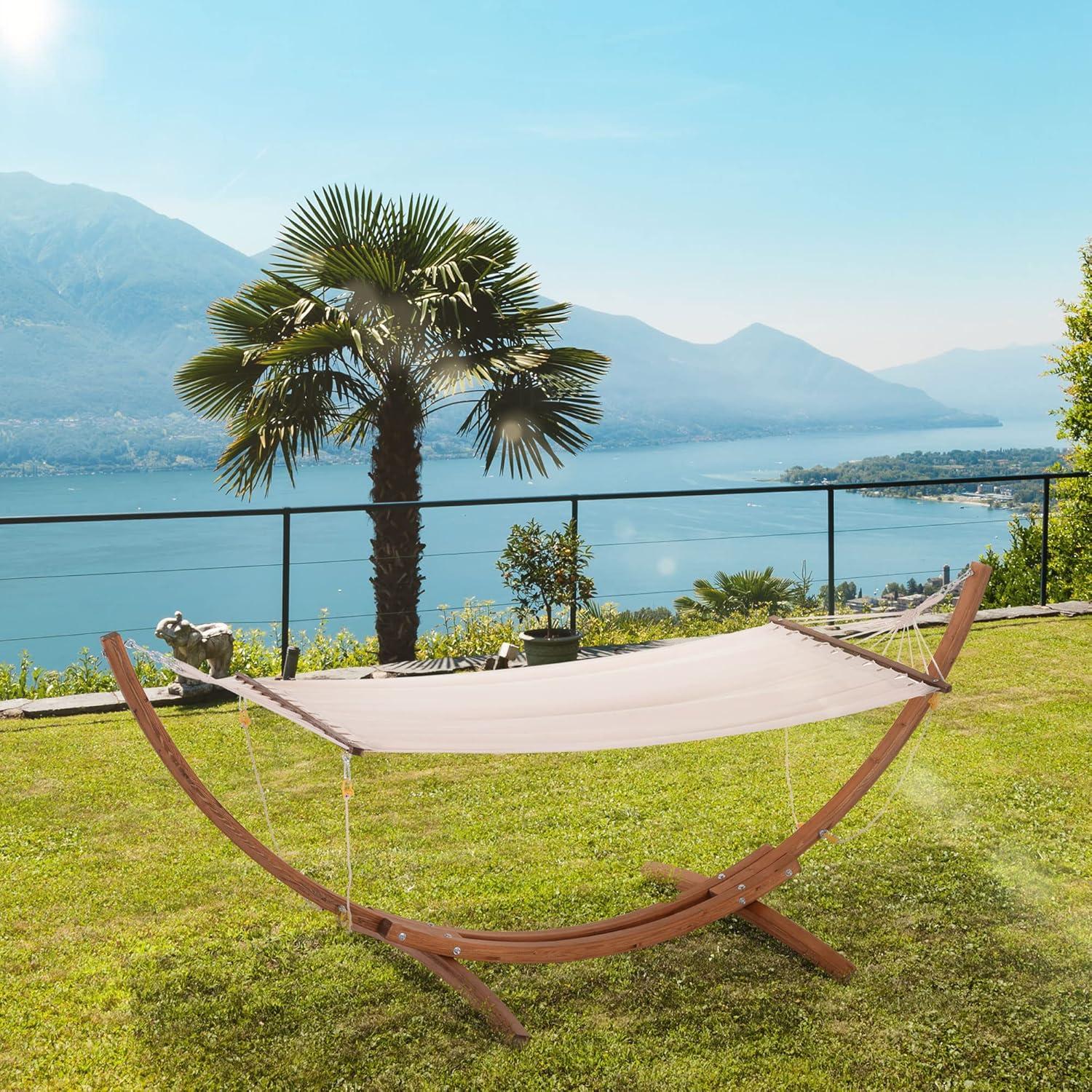 Outsunny Outdoor Hammock with Stand, Heavy Duty Wooden Frame, No Tree Needed, Indoor Outside Boho Style Nap Bed, Natural Cotton, White