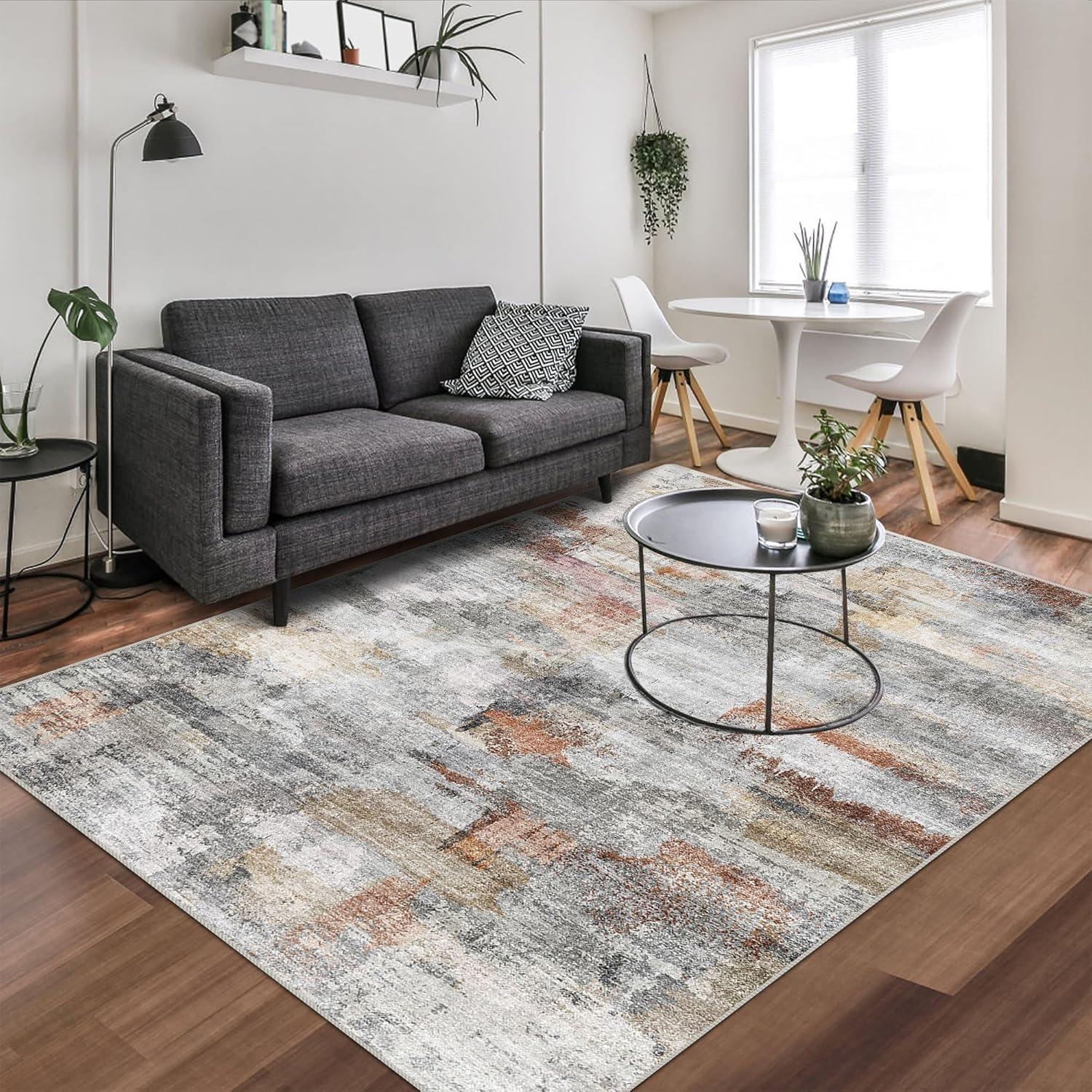 Gray and Rust Abstract Washable Synthetic Area Rug 4' x 6'