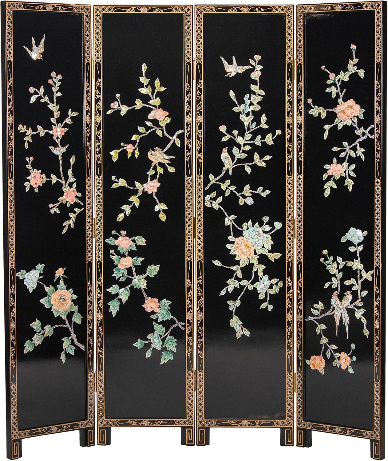 Oriental Furniture 6 ft. Tall Lacquer Birds and Flowers Room Divider - 4 Panel