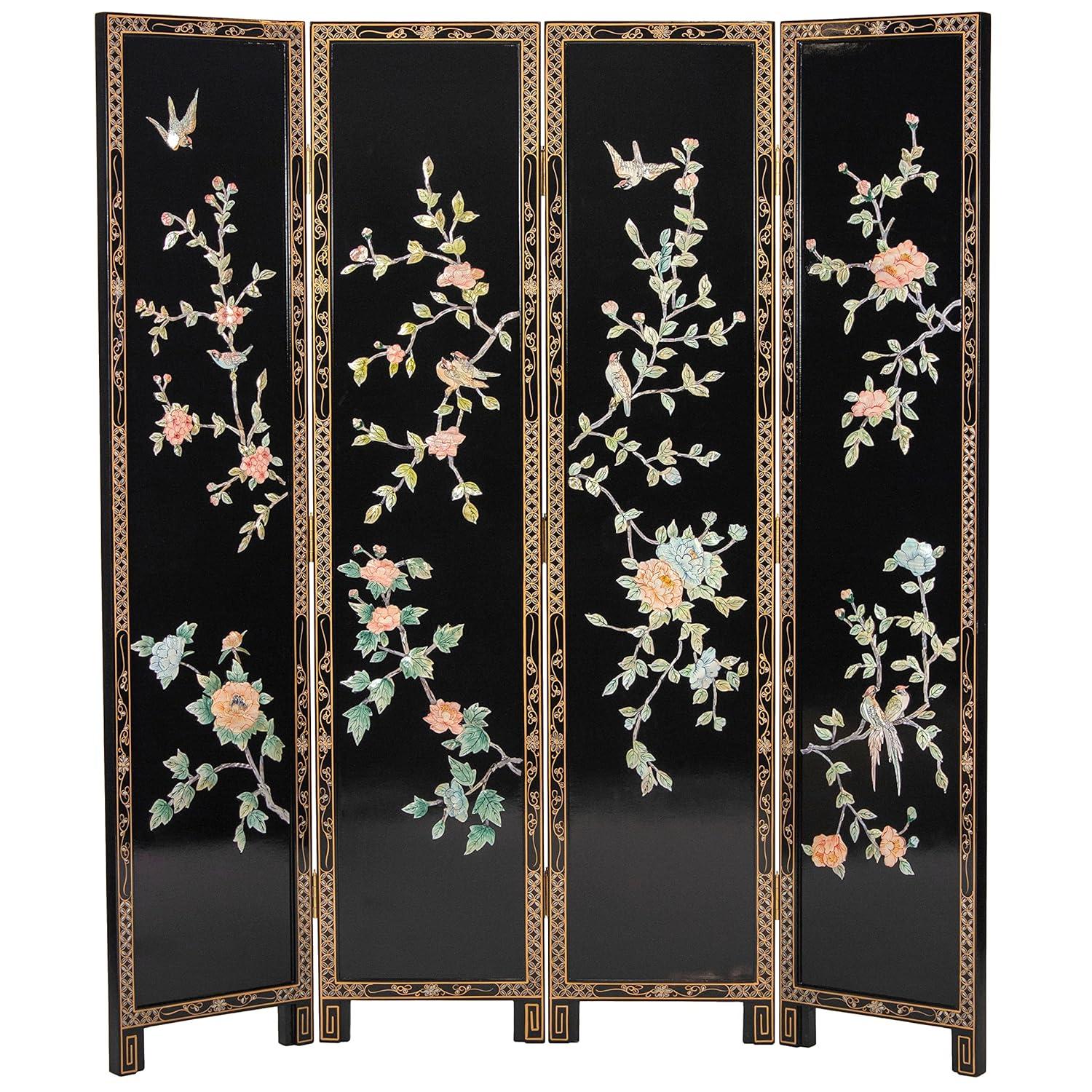 Oriental Furniture 6 ft. Tall Lacquer Birds and Flowers Room Divider - 4 Panel