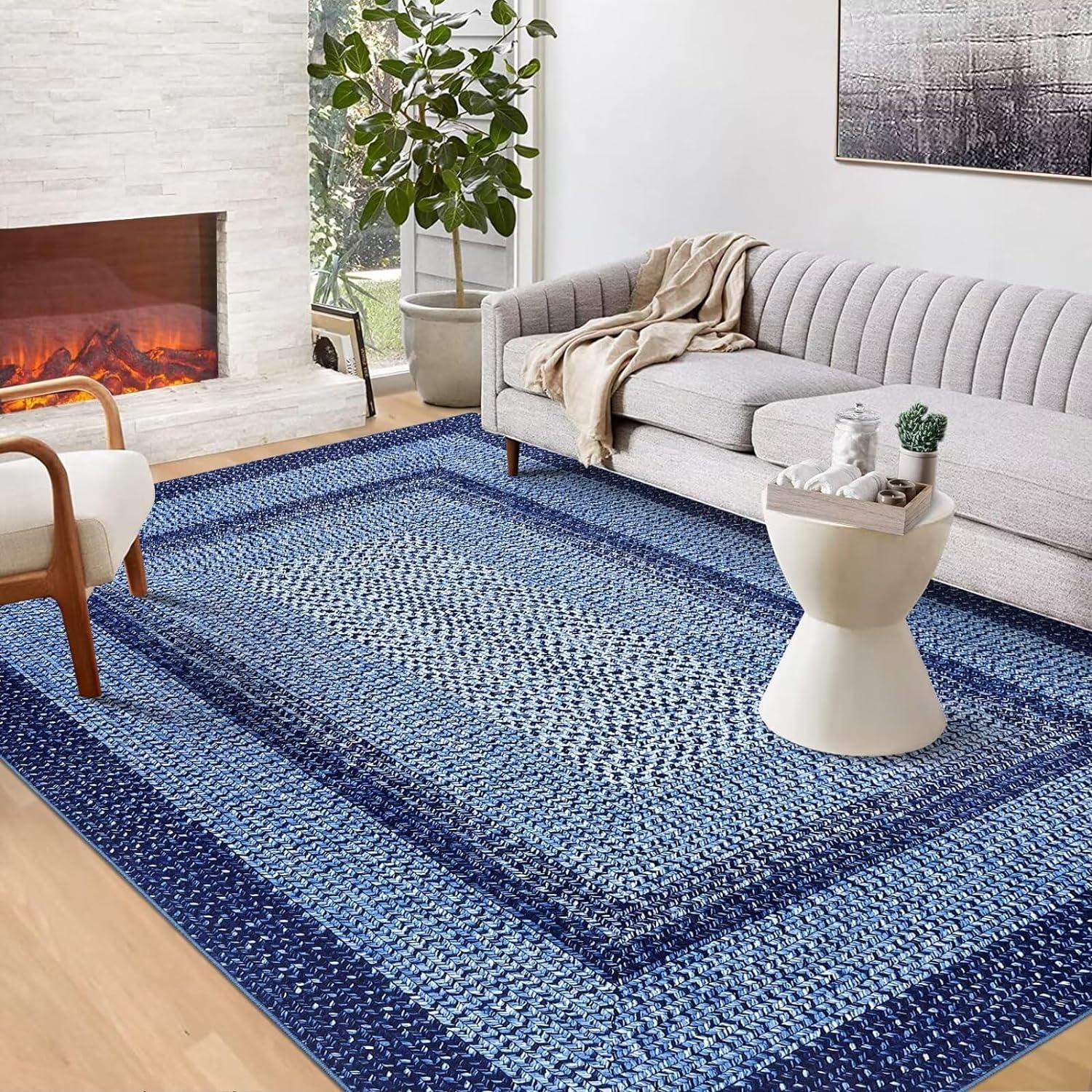 Aoile 4'x6' Washable Area Rug, Geometric Printed Rugs with Non Slip for Living Room Bedroom Dining Room, Navy