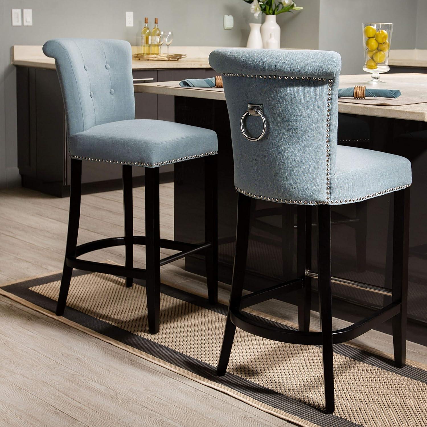 Sky Blue Transitional Linen-Weave Bar Stool with Espresso Birch Legs