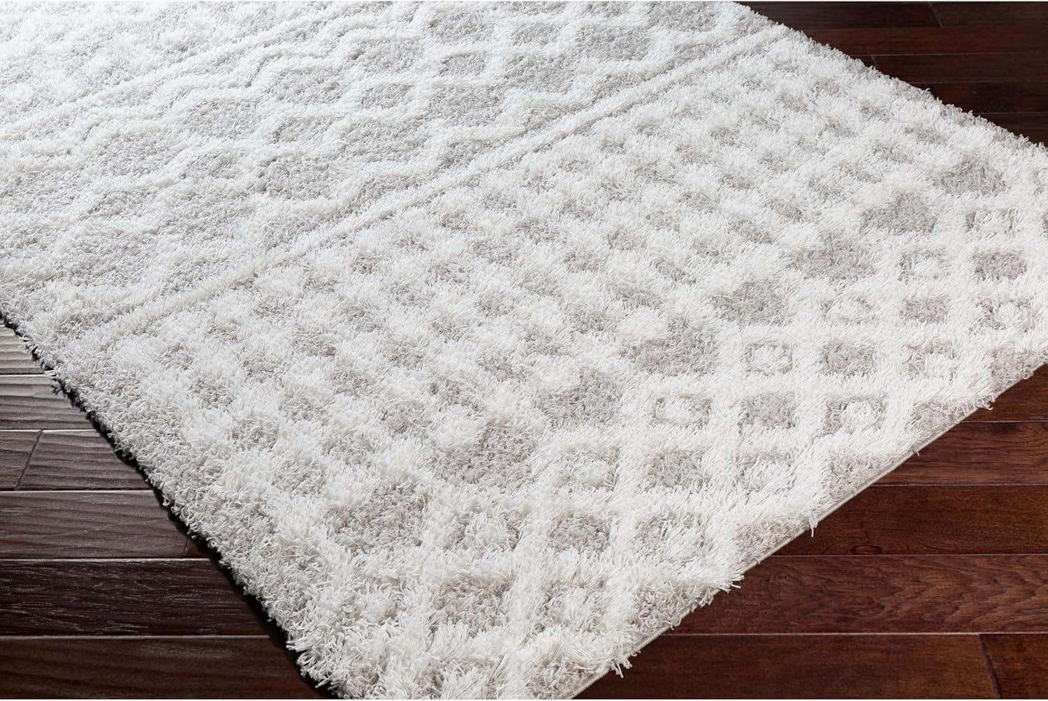 Large White and Light Gray Synthetic Shag Area Rug
