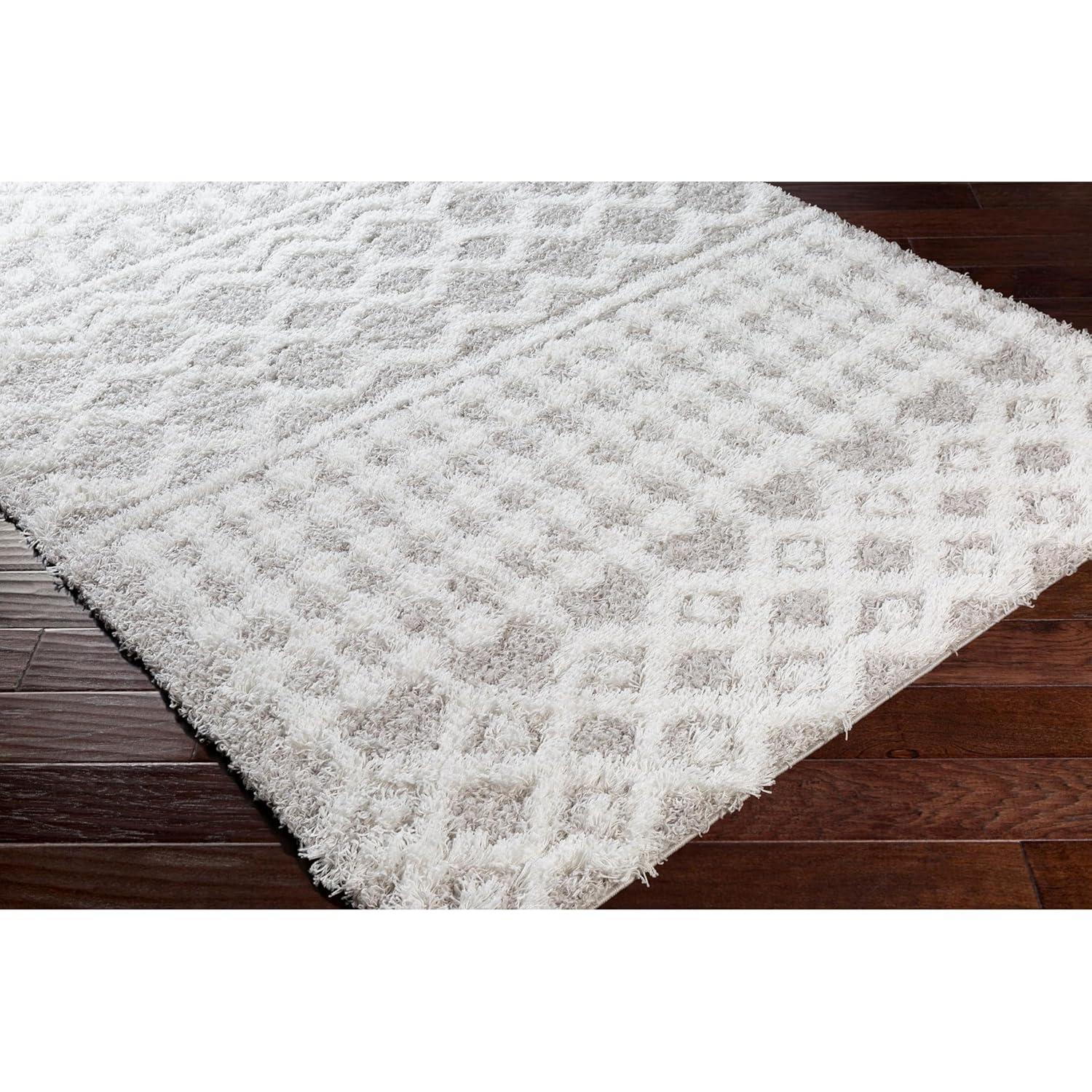 Large White and Light Gray Synthetic Shag Area Rug