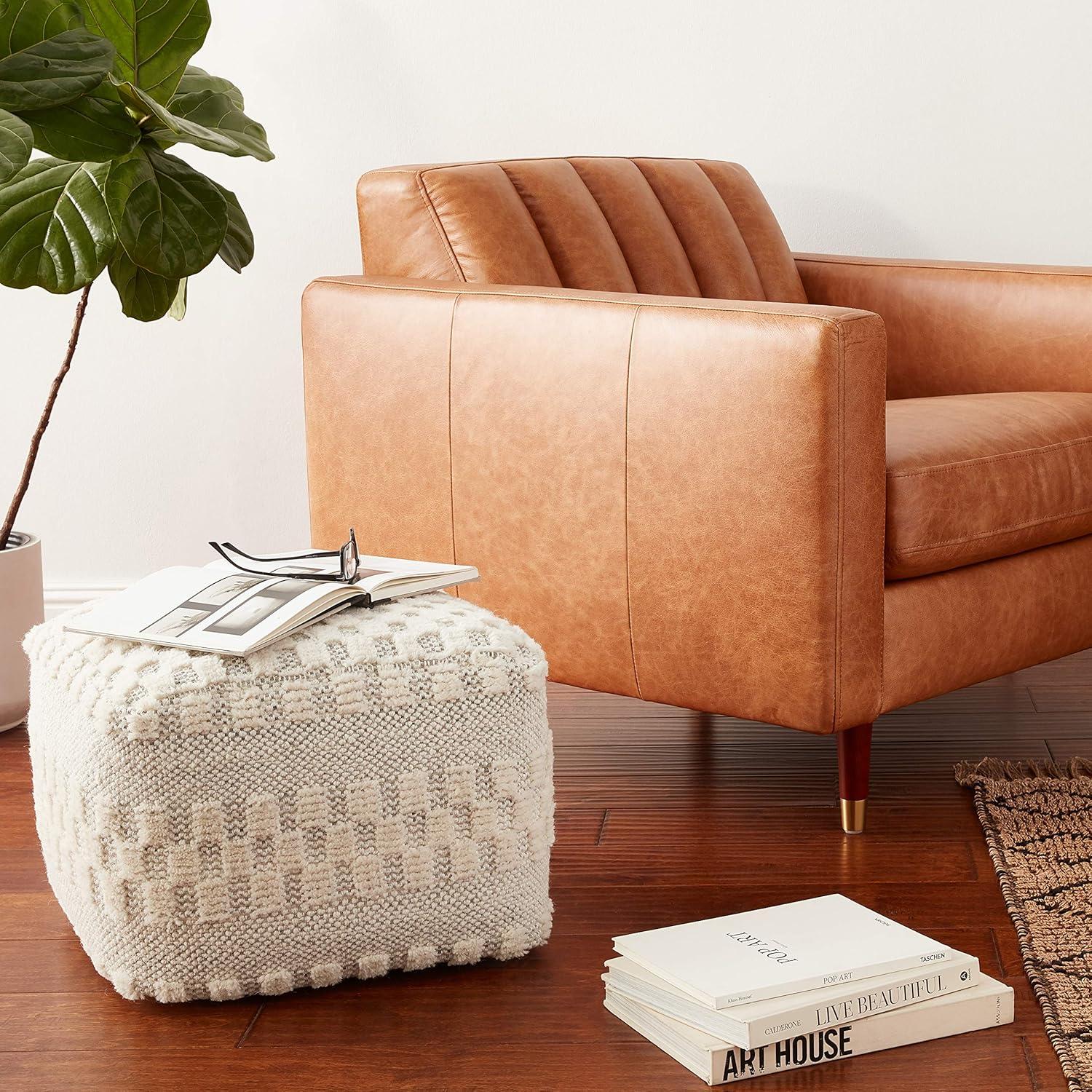 Cream & Light Gray Tufted Geometric Jute Pouf, 18"x18"x14"