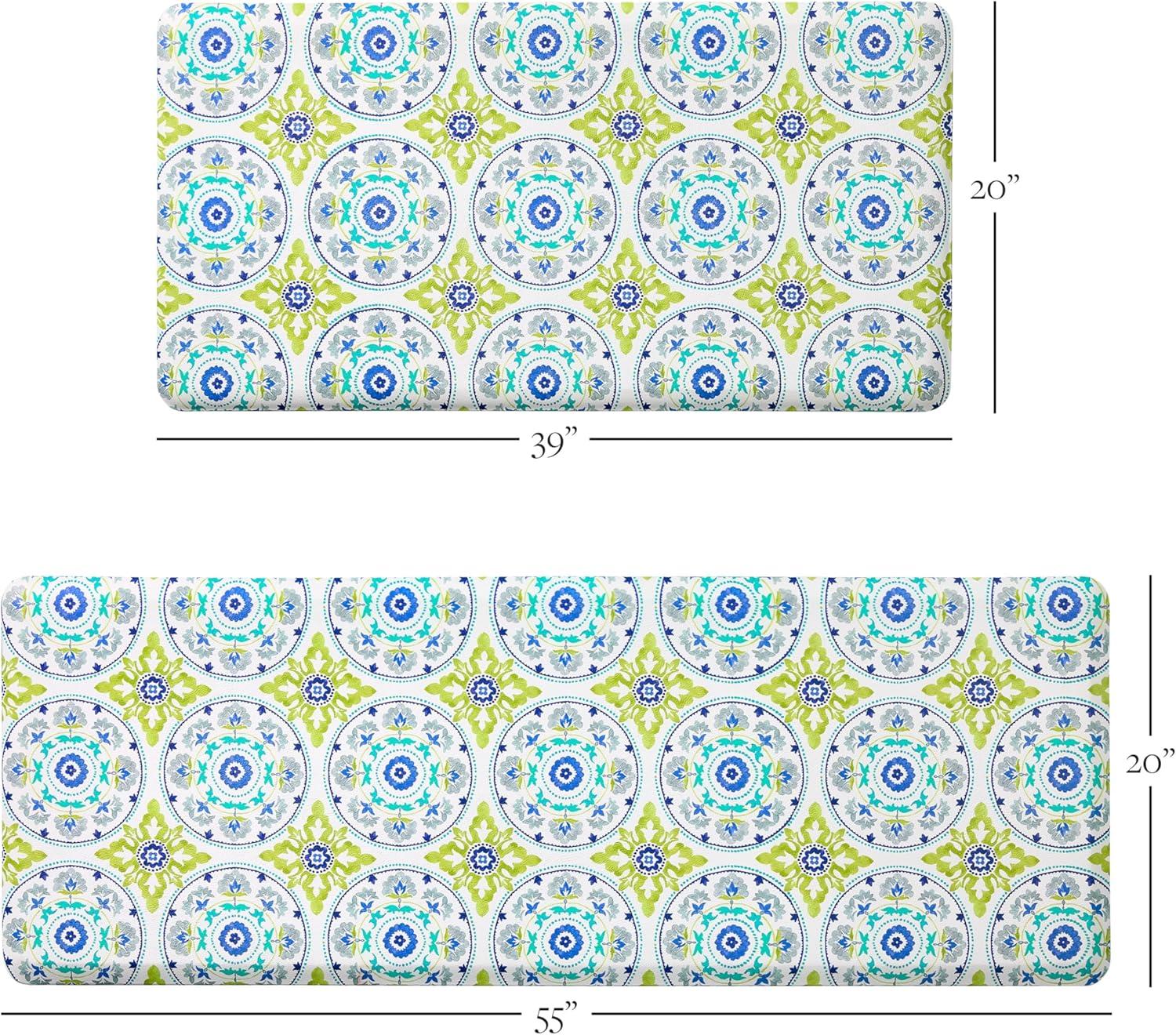 Blue Green White Geo Textured Anti-Fatigue Kitchen Runner Mat