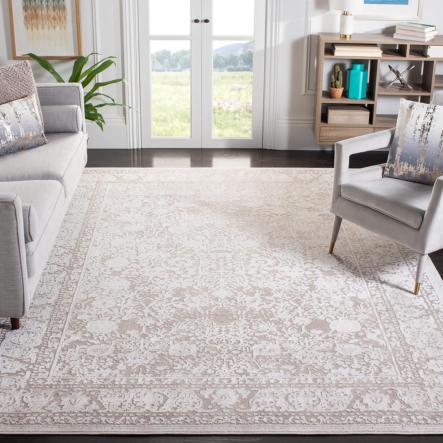 Beige and Cream Floral 10' x 14' Synthetic Area Rug