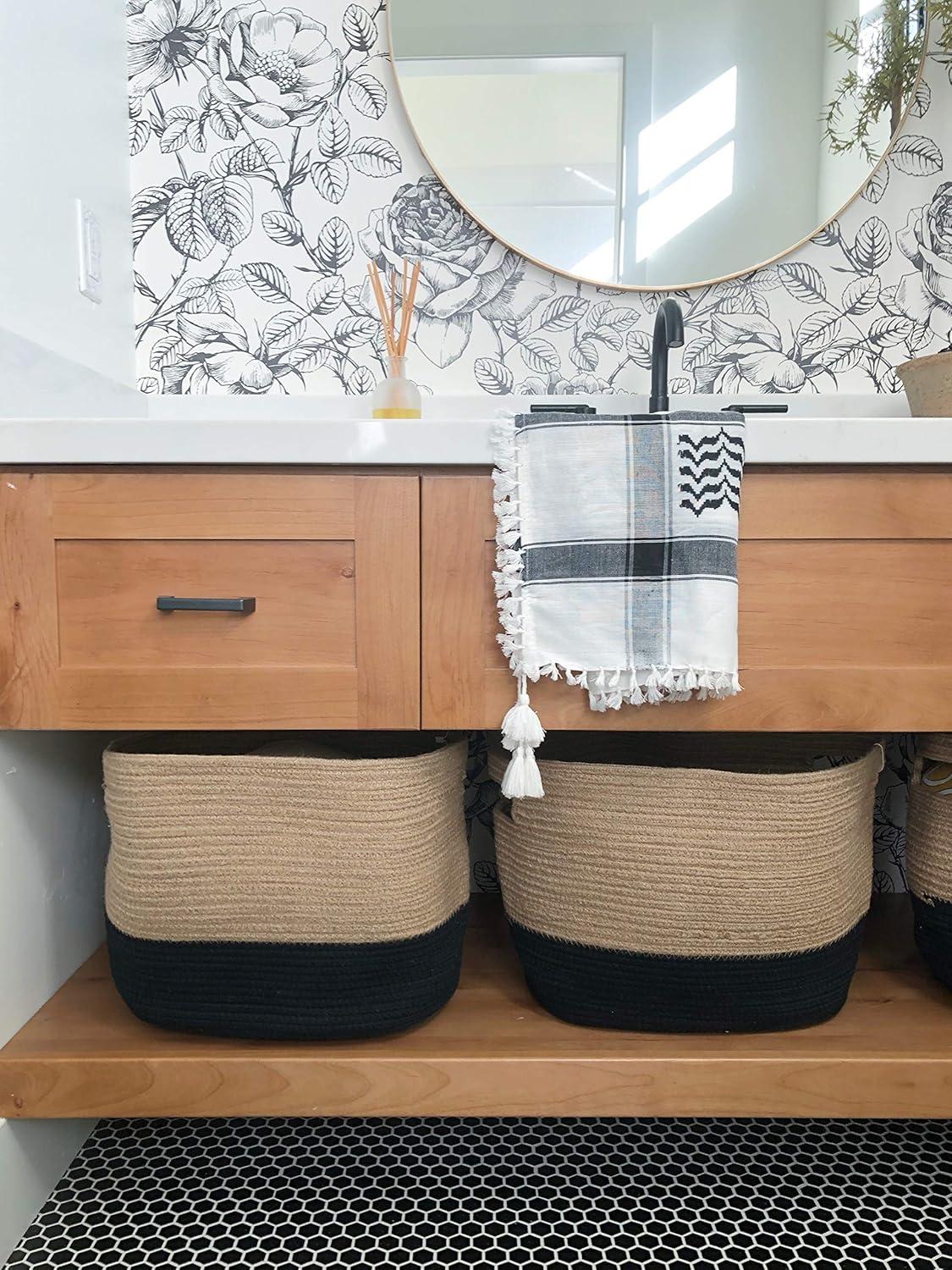 Chloe and Cotton Jute Baskets with Handles for Organizing Storage - Beige/White - Set of 2