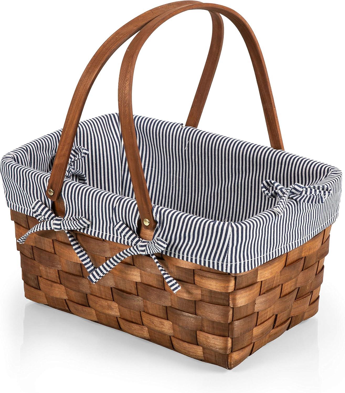 Picnic Time Kansas Handwoven Wood Picnic Basket with Navy Blue and White Stripe