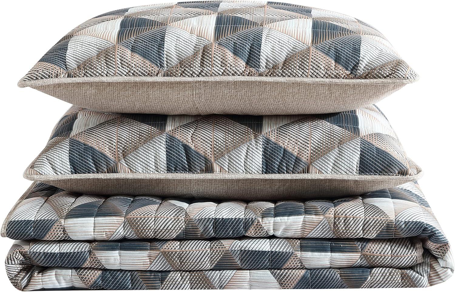 Geometric Gray and Brown Microfiber King Quilt Set