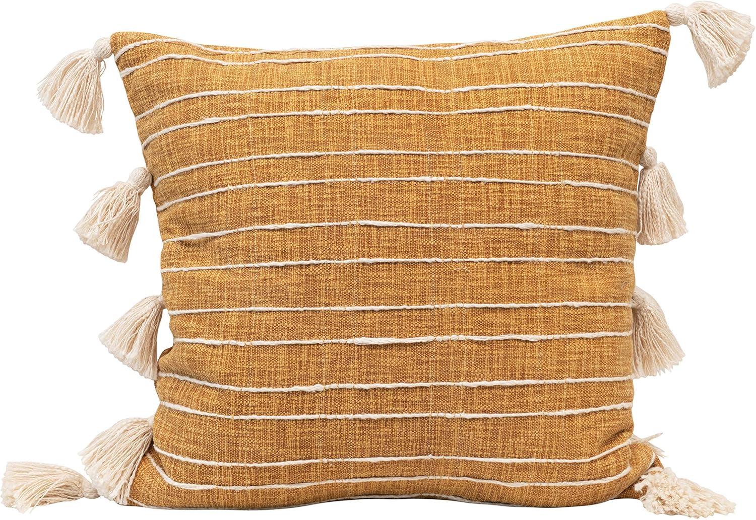 Creative Co-Op Creative Co-Op Woven Cotton Pillow with Appliqued Stripes and Tassels, Mustard and White