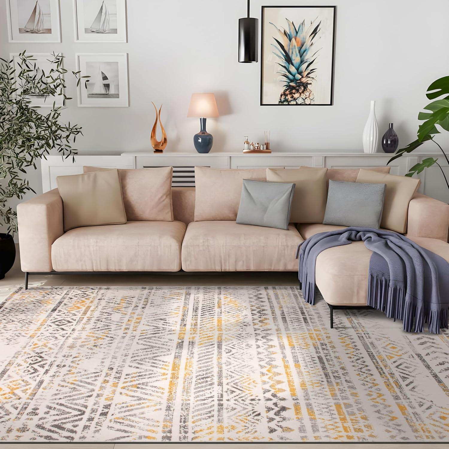 World Rug Gallery Geometric Distressed Bohemian Yellow 5'x7' Area Rug